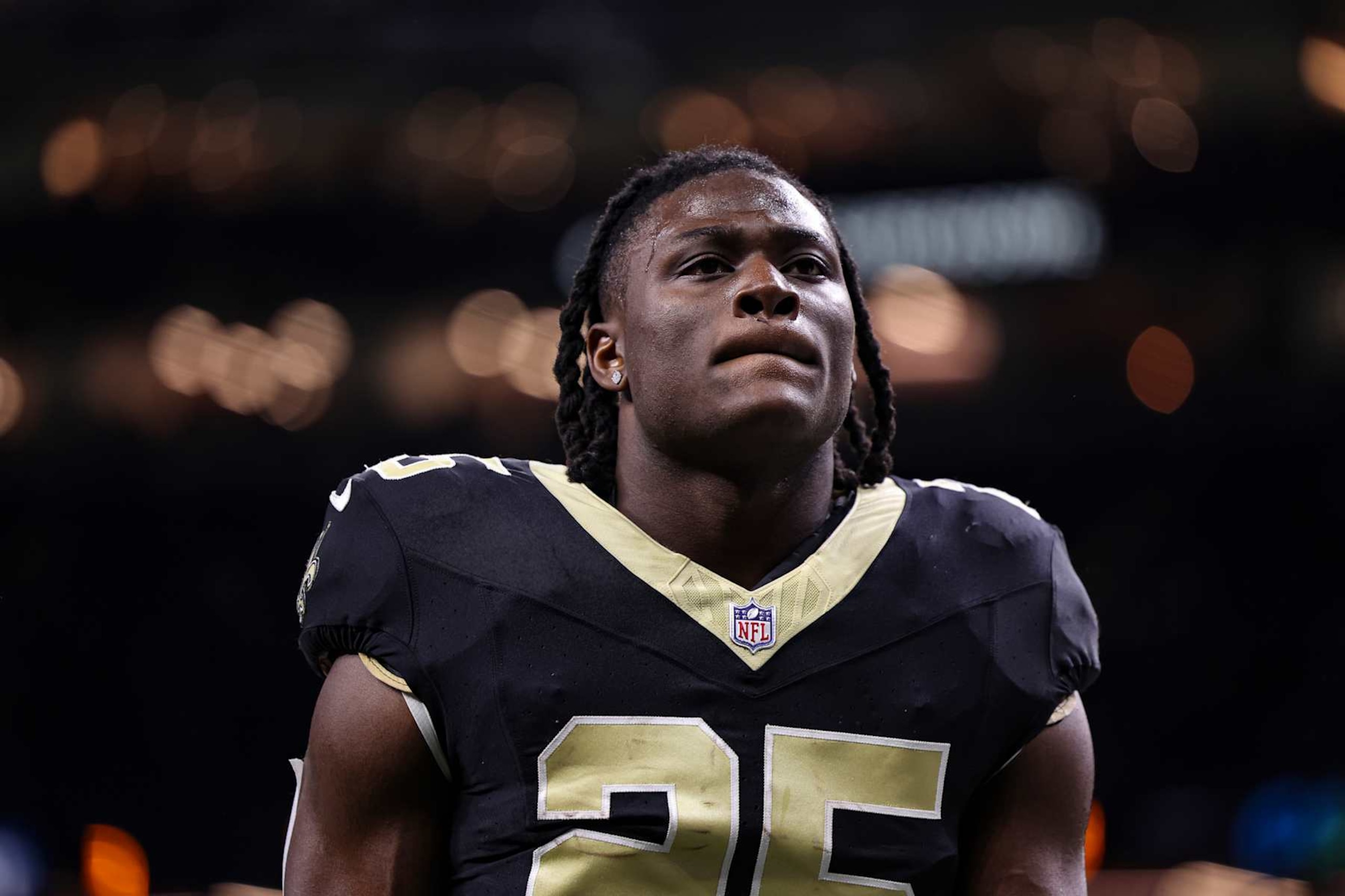 NEW ORLEANS, LA - OCTOBER 19: Kendre Miller #25 of the New Orleans Saints warms up prior to an NFL football game against the New Orleans Saints at Caesars Superdome on October 19, 2023 in New Orleans, Louisiana. (Photo by Perry Knotts/Getty Images)