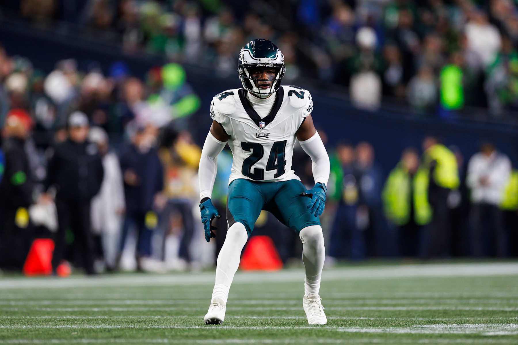 SEATTLE, WASHINGTON - DECEMBER 18: James Bradberry #24 of the Philadelphia Eagles defends in coverage against the Seattle Seahawks at Lumen Field on December 18, 2023 in Seattle, Washington. (Photo by Ryan Kang/Getty Images)
