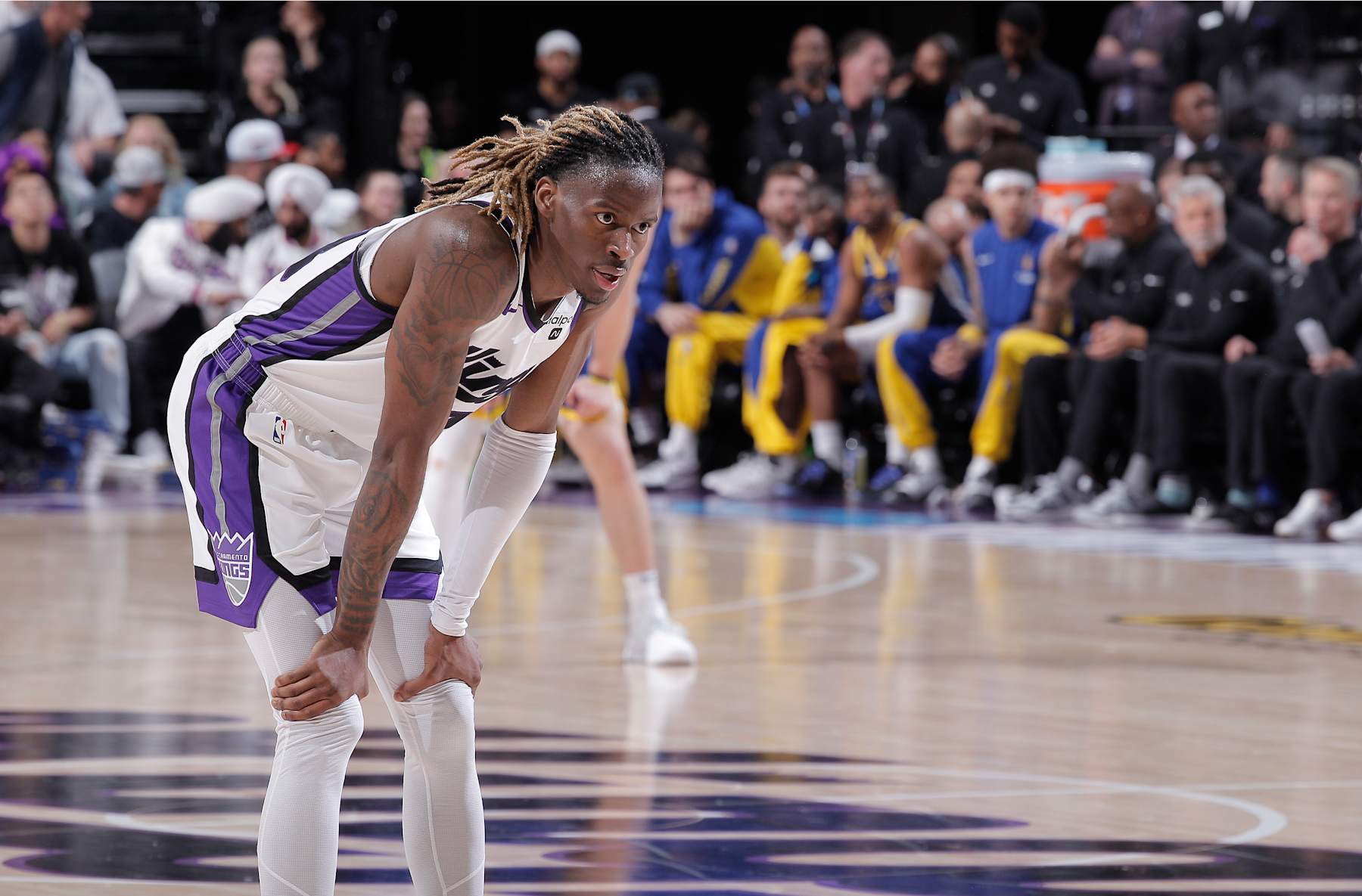 SACRAMENTO, CA - APRIL 16: Keon Ellis #23 of the Sacramento Kings looks on during the game against the Golden State Warriors during the 2024 Play-In Tournament on April 16, 2024 at Golden 1 Center in Sacramento, California. NOTE TO USER: User expressly acknowledges and agrees that, by downloading and or using this photograph, User is consenting to the terms and conditions of the Getty Images Agreement. Mandatory Copyright Notice: Copyright 2024 NBAE (Photo by Rocky Widner/NBAE via Getty Images)