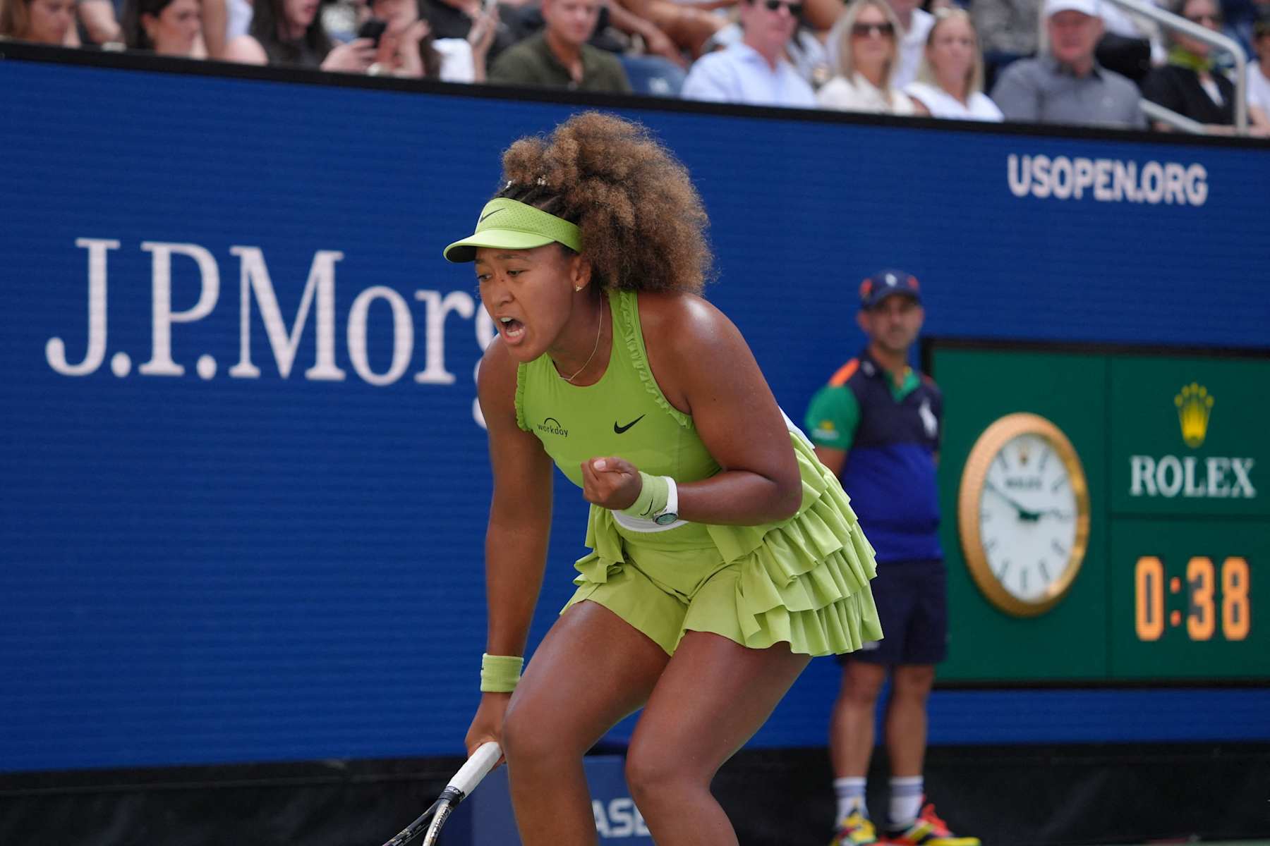 Japan's Naomi Osaka celebrates winning a point against Latvia's Jelena Ostapenko during their women's singles first round match on day two of the US Open tennis tournament at the USTA Billie Jean King National Tennis Center in New York City, on August 27, 2024. (Photo by TIMOTHY A. CLARY / AFP) (Photo by TIMOTHY A. CLARY/AFP via Getty Images)
