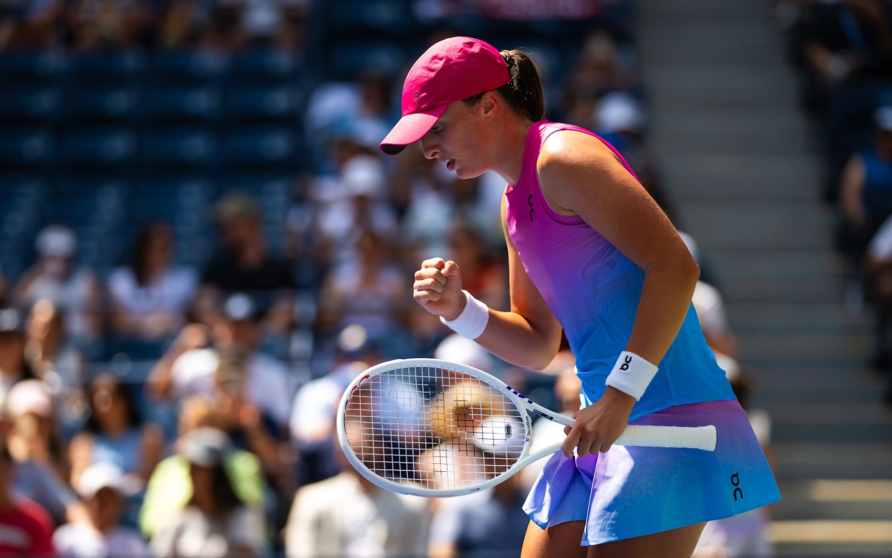 NEW YORK, NEW YORK - AUGUST 27: Iga Swiatek of Poland in action against Kamilla Rakhimova in the first round on Day 2 of the US Open at USTA Billie Jean King National Tennis Center on August 27, 2024 in New York City (Photo by Robert Prange/Getty Images)