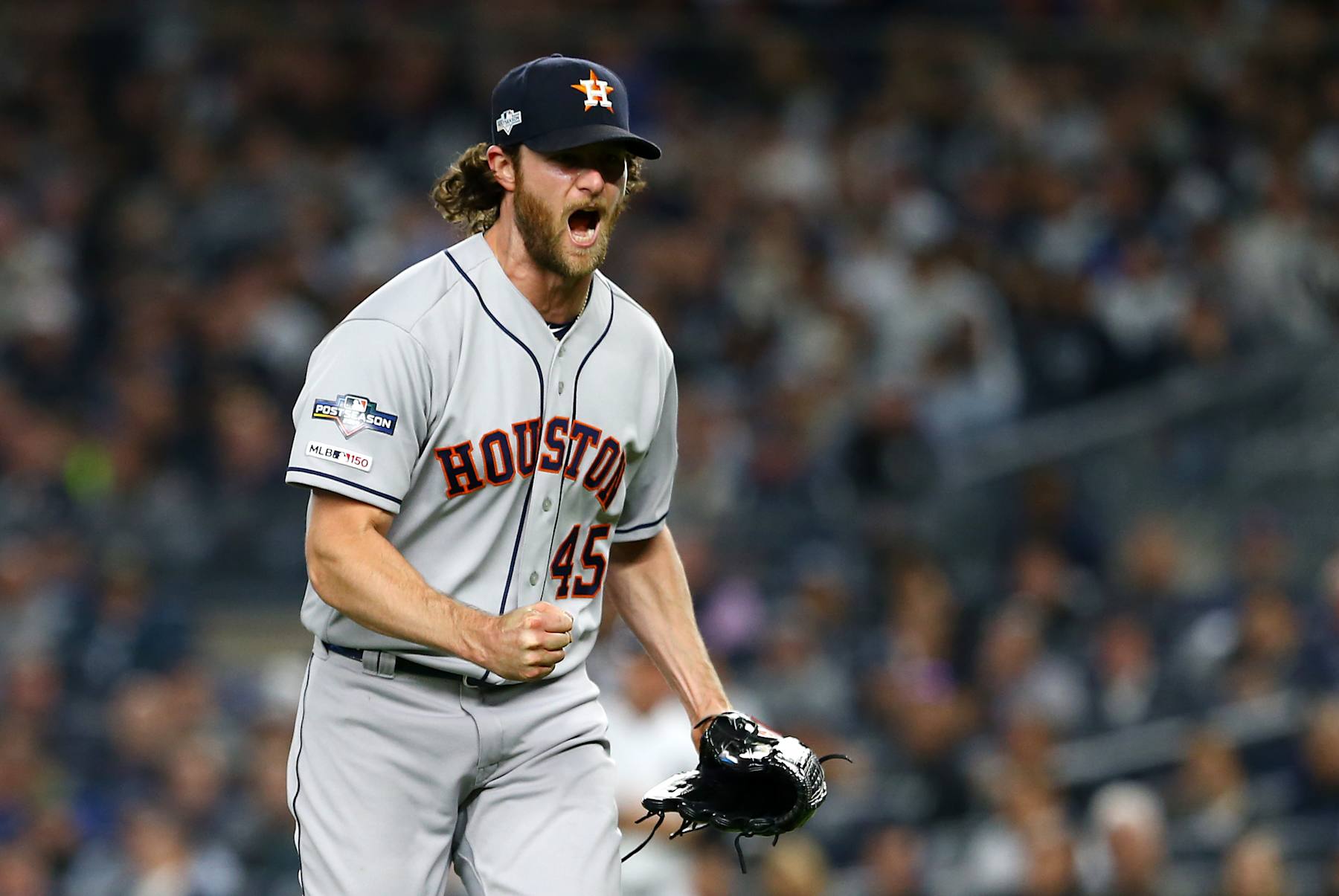 NEW YORK, NEW YORK - OCTOBER 15: Gerrit Cole #45 of the Houston Astros celebrates retiring the side during the sixth inning against the New York Yankees in game three of the American League Championship Series at Yankee Stadium on October 15, 2019 in New York City. (Photo by Mike Stobe/Getty Images)