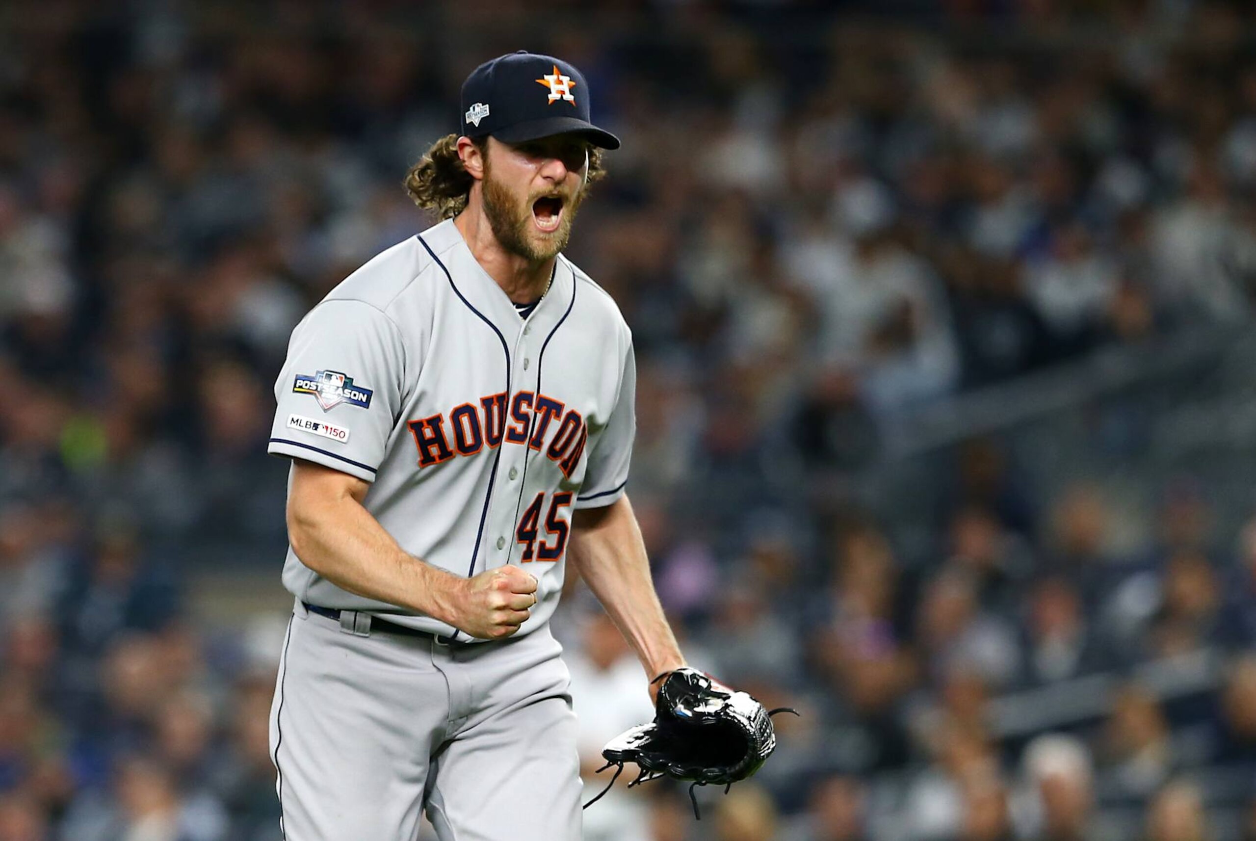 NEW YORK, NEW YORK - OCTOBER 15: Gerrit Cole #45 of the Houston Astros celebrates retiring the side during the sixth inning against the New York Yankees in game three of the American League Championship Series at Yankee Stadium on October 15, 2019 in New York City. (Photo by Mike Stobe/Getty Images)