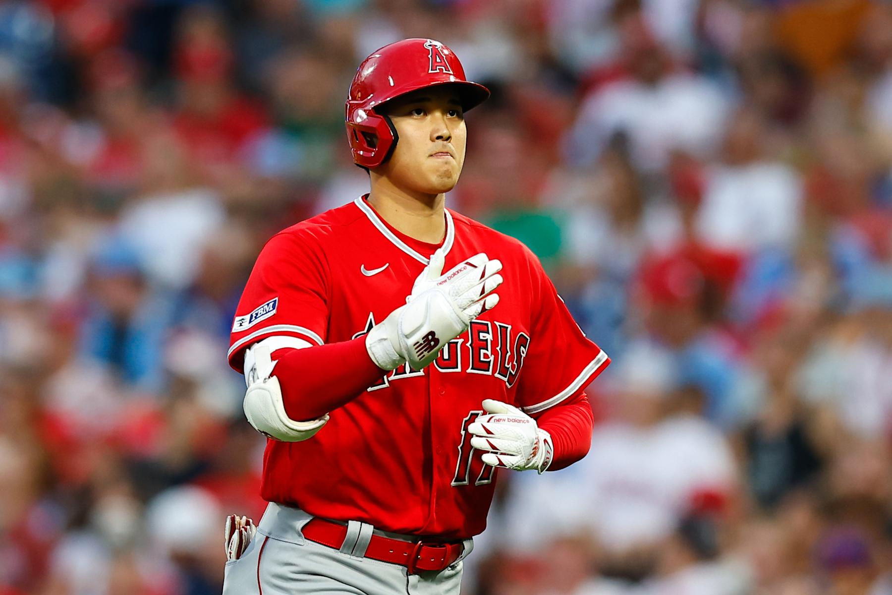 PHILADELPHIA, PA - AUGUST 28:  Shohei Ohtani #17 of the Los Angeles Angels goes back to the dugout during the Major League Baseball game against the Philadelphia Phillies  on August 28, 2023 at Citizens Bank Park in Philadelphia, Pennsylvania.  (Photo by Rich Graessle/Icon Sportswire via Getty Images)