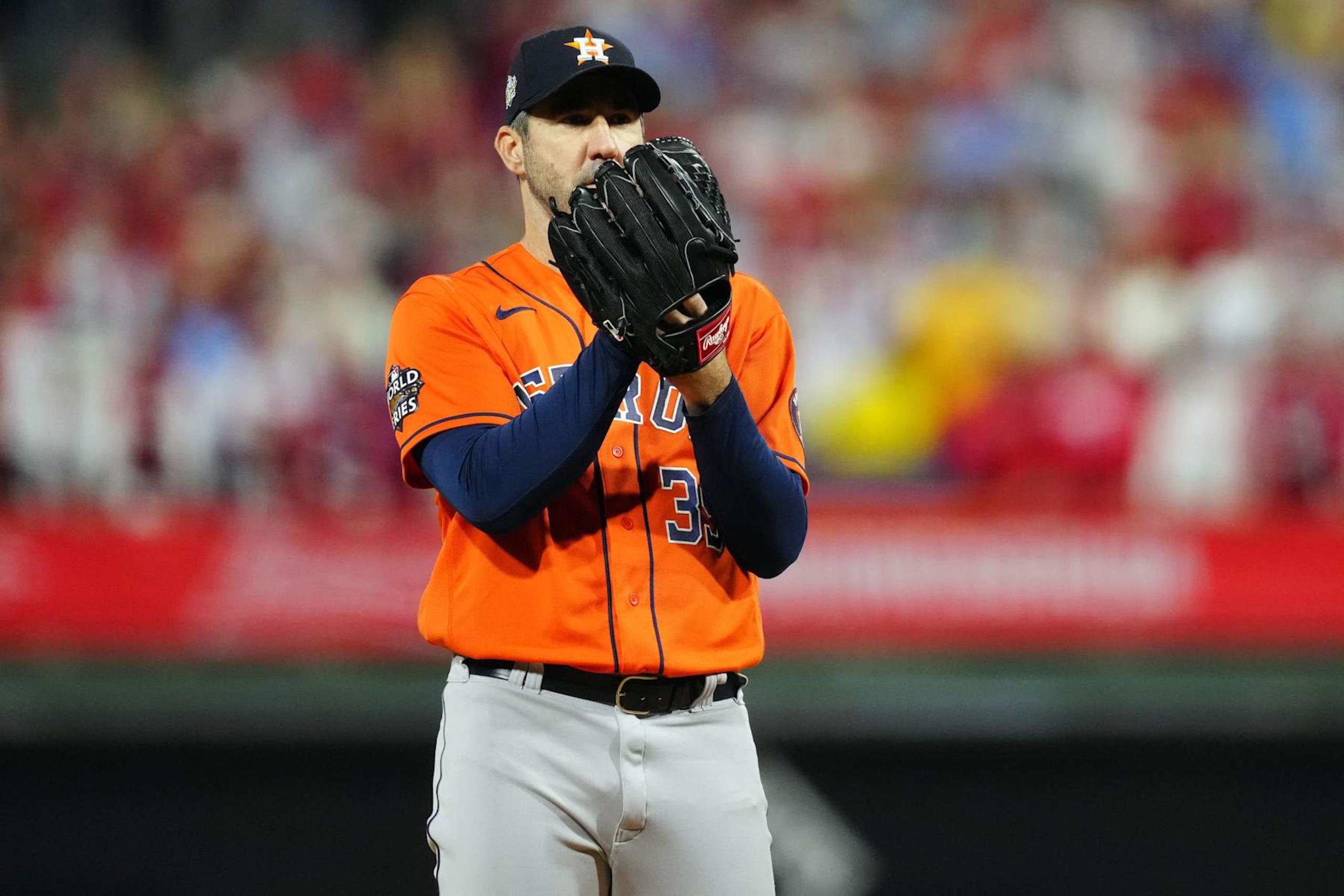 PHILADELPHIA, PA - NOVEMBER 03:  Justin Verlander #35 of the Houston Astros looks on in the first inning during Game 5 of the 2022 World Series between the Houston Astros and the Philadelphia Phillies at Citizens Bank Park on Thursday, November 3, 2022 in Philadelphia, Pennsylvania. (Photo by Daniel Shirey/MLB Photos via Getty Images)