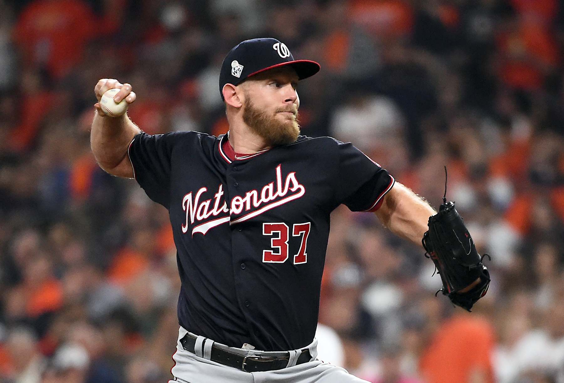 HOUSTON, TX - OCTOBER 23:  Stephen Strasburg #37 of the Washington Nationals pitches during Game 2 of the 2019 World Series between the Washington Nationals and the Houston Astros at Minute Maid Park on Wednesday, October 23, 2019 in Houston, Texas. (Photo by Cooper Neill/MLB Photos via Getty Images)