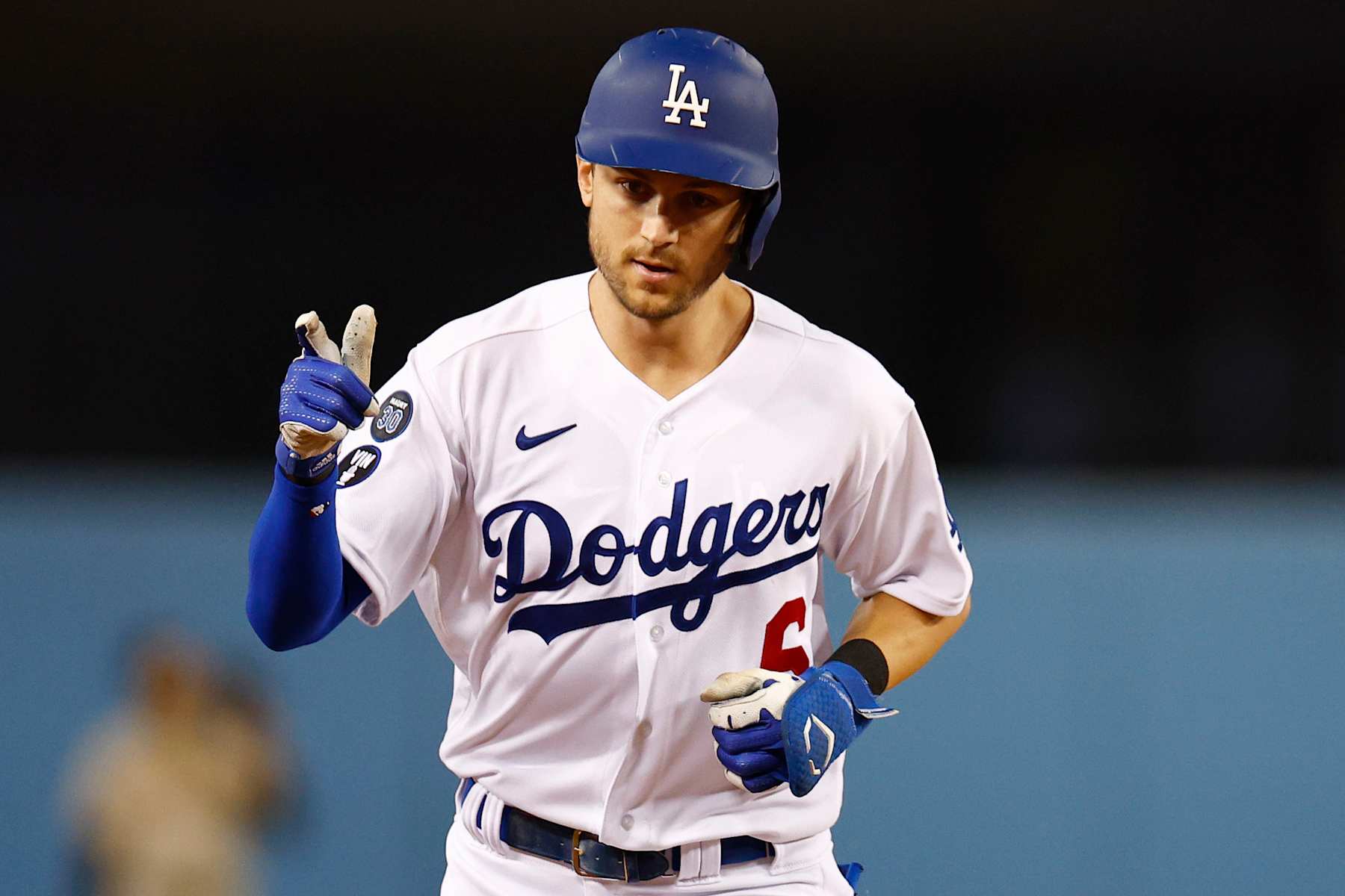 LOS ANGELES, CALIFORNIA - OCTOBER 11: Trea Turner #6 of the Los Angeles Dodgers rounds the bases after hitting a solo home run during the first inning in game one of the National League Division Series against the San Diego Padres at Dodger Stadium on October 11, 2022 in Los Angeles, California. (Photo by Ronald Martinez/Getty Images)
