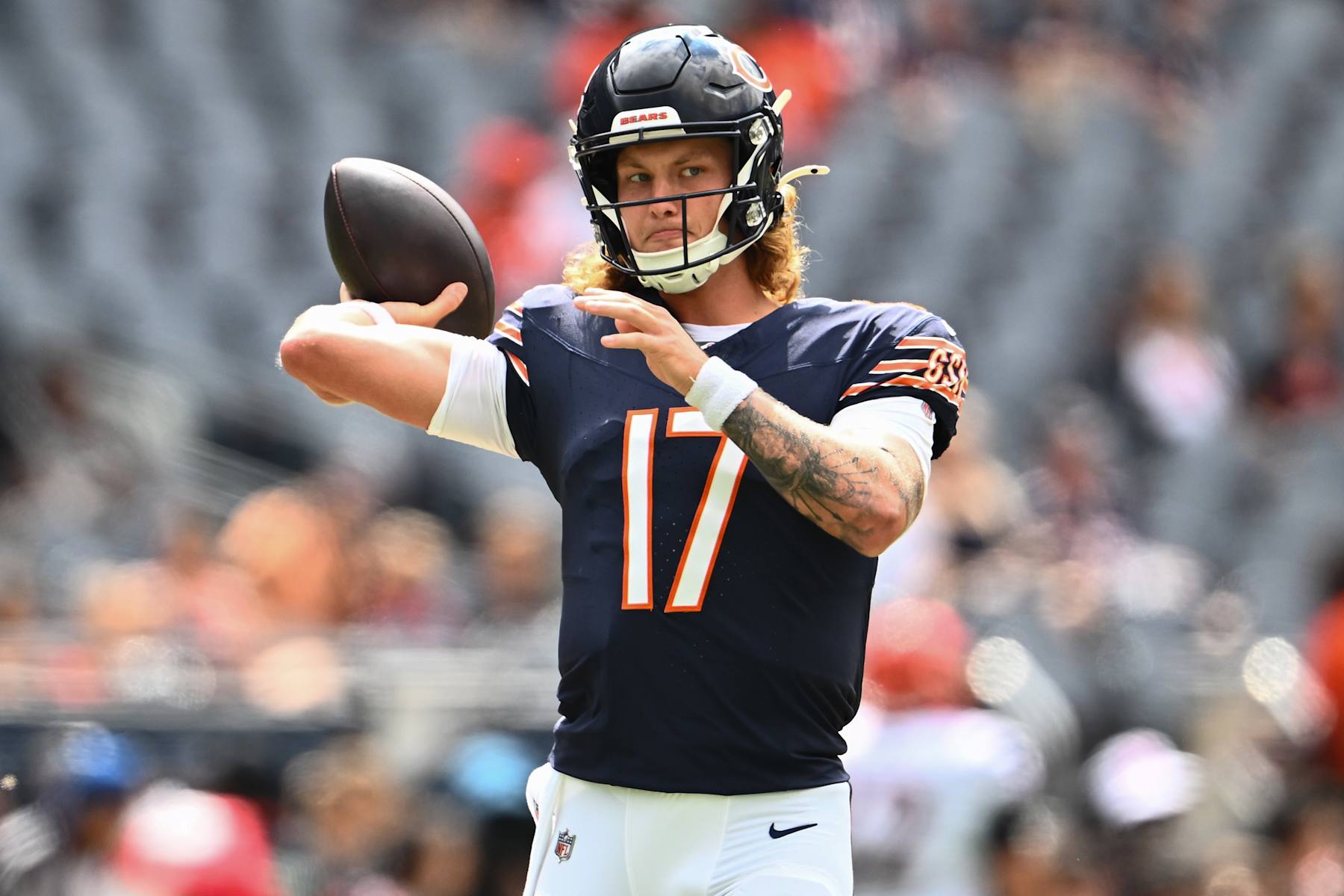 CHICAGO, ILLINOIS - AUGUST 17: Tyson Bagent #17 of the Chicago Bears warms up before a preseason game against the Cincinnati Bengals at Soldier Field on August 17, 2024 in Chicago, Illinois. (Photo by Quinn Harris/Getty Images) CHICAGO, ILLINOIS - AUGUST 17: Tyson Bagent #17 of the Chicago Bears warms up before a preseason game against the Cincinnati Bengals at Soldier Field on August 17, 2024 in Chicago, Illinois. (Photo by Quinn Harris/Getty Images)
