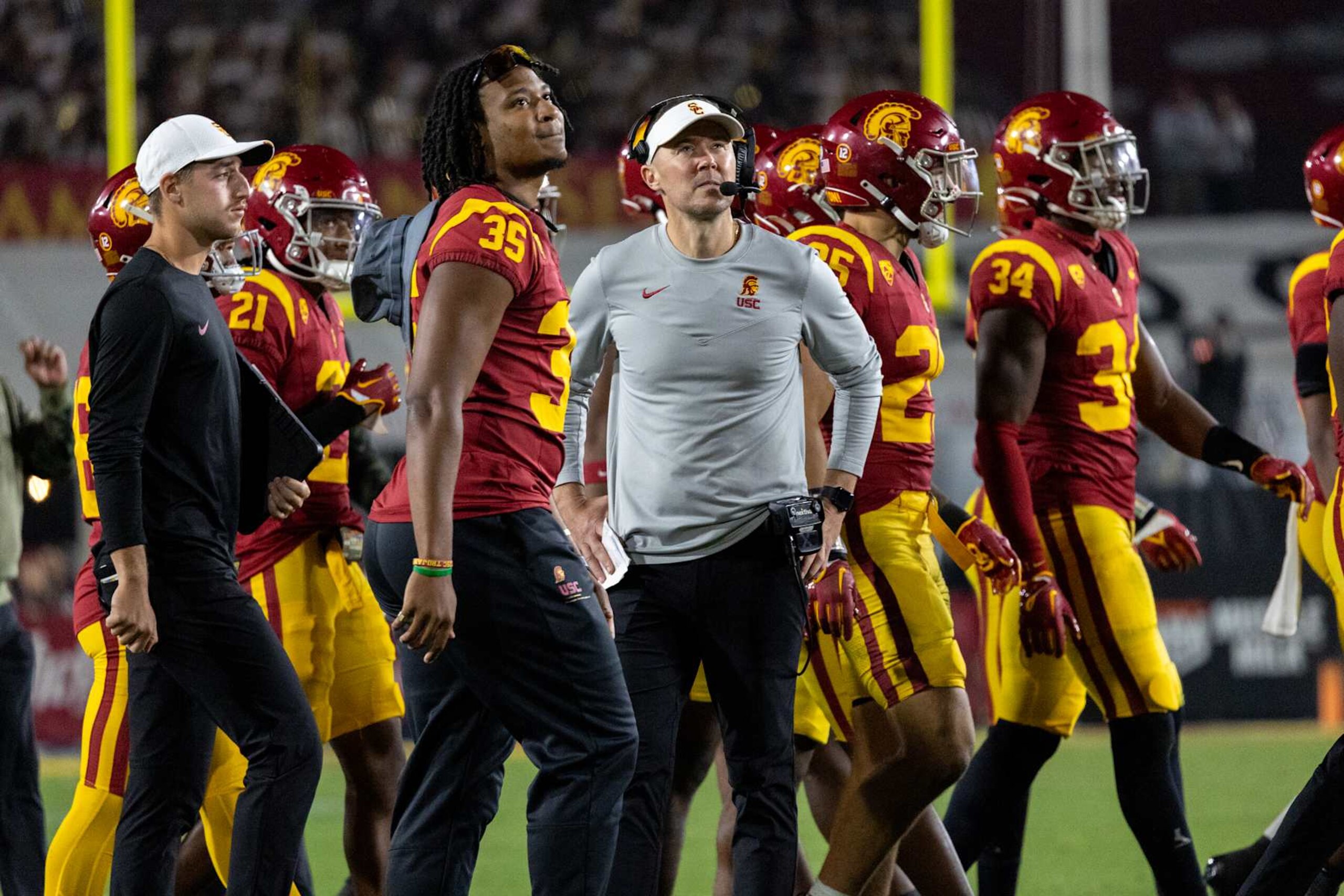 LOS ANGELES, CA  - NOVEMBER 4, 2023: USC Trojans head coach Lincoln Riley watches a replay  during the team's 52-42 loss to Washington  at L.A. Memorial Coliseum November 4, 2023 in Los Angeles, California.(Gina Ferazzi / Los Angeles Times via Getty Images)