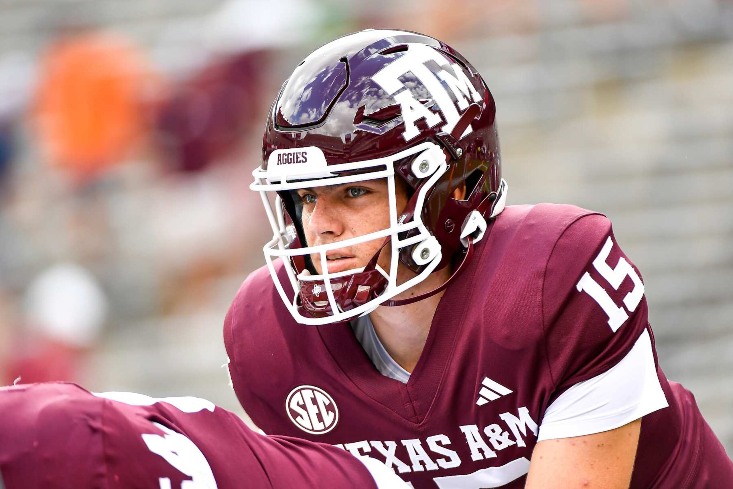 COLLEGE STATION, TEXAS - SEPTEMBER 23: Quarterback Conner Weigman #15 of the Texas A&M Aggies warms up prior to the game against the Auburn Tigers at Kyle Field on September 23, 2023 in College Station, Texas. (Photo by Logan Riely/Getty Images)