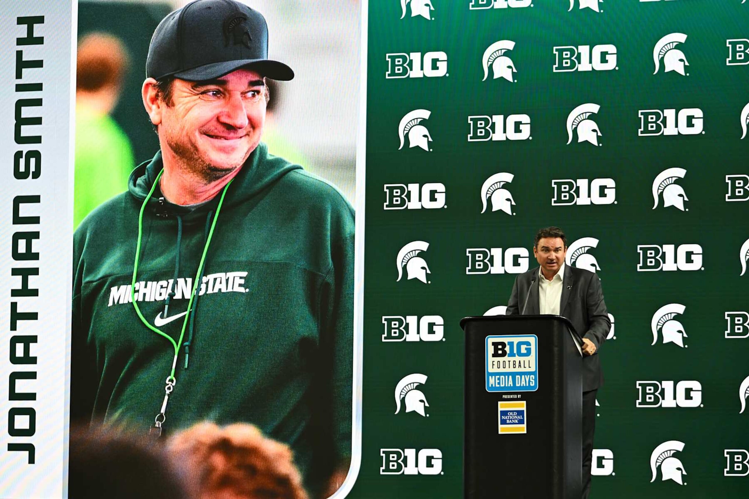 INDIANAPOLIS, IN - JULY 24: Michigan State Spartans Head Coach Jonathan Smith speaks during the 2024 Big Ten Media Days on July 24, 2024 at Lucas Oil Stadium in Indianapolis, IN. (Photo by James Black/Icon Sportswire via Getty Images)
