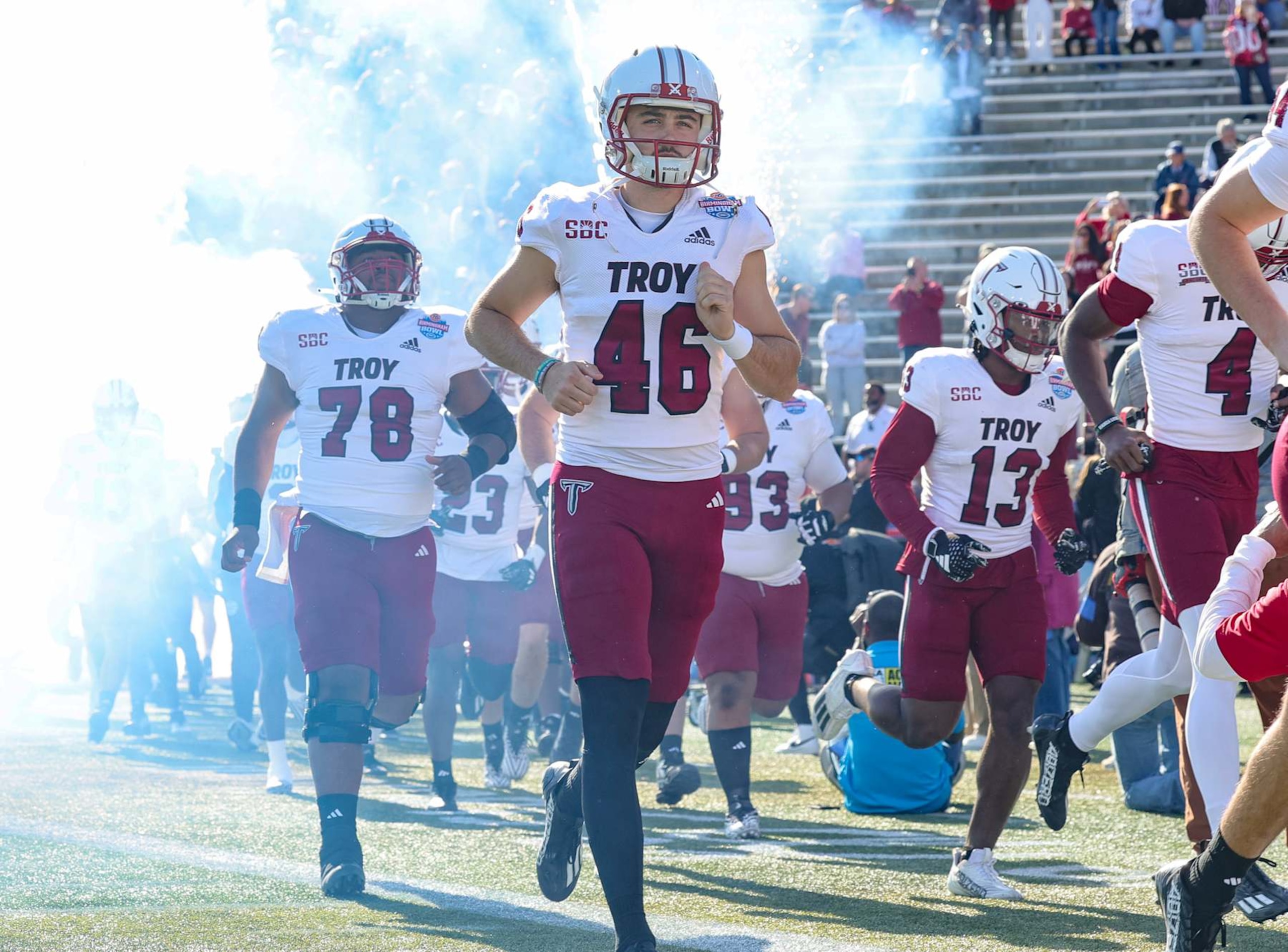 BIRMINGHAM, ALABAMA - DECEMBER 23: Zach Long #46 and the Troy Trojans take the field prior to kickoff against  the Duke Blue Devils prior to kickoff of the 76 Birmingham Bowl at Protective Stadium on December 23, 2023 in Birmingham, Alabama. (Photo by Brandon Sumrall/Getty Images)