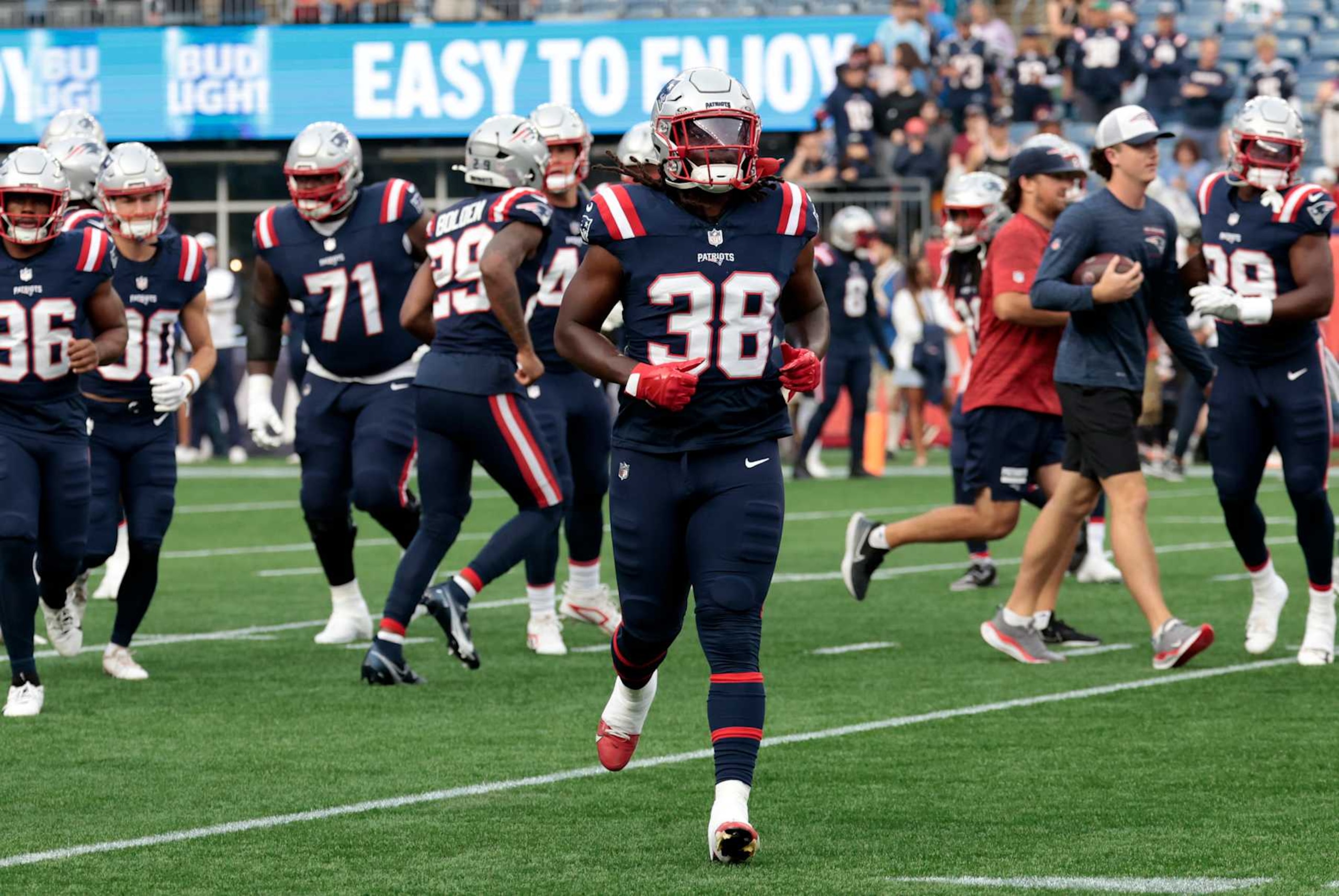 FOXBOROUGH, MA - AUGUST 15: New England Patriots running back Rhamondre Stevenson (38) in warm up before a preseason game between the New England Patriots and the Philadelphia Eagles on August 15, 2024, at Gillette Stadium in Foxborough, Massachusetts. (Photo by Fred Kfoury III/Icon Sportswire via Getty Images)