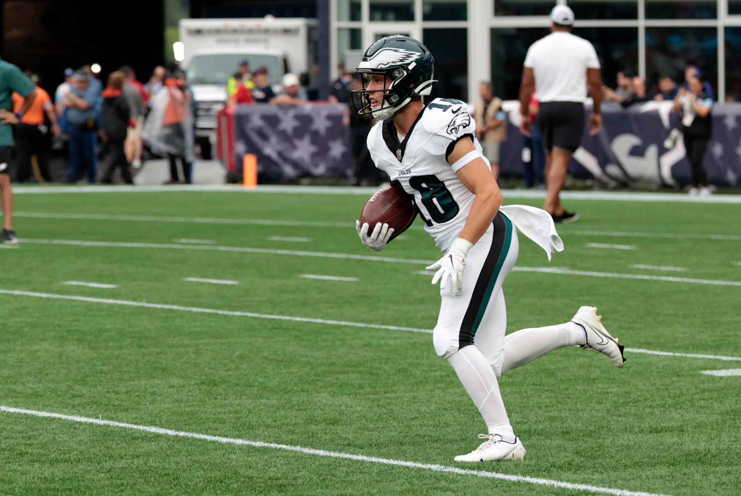 FOXBOROUGH, MA - AUGUST 15: Philadelphia Eagles wide receiver Britain Covey (18) carries the ball in warm up before a preseason game between the New England Patriots and the Philadelphia Eagles on August 15, 2024, at Gillette Stadium in Foxborough, Massachusetts. (Photo by Fred Kfoury III/Icon Sportswire via Getty Images)