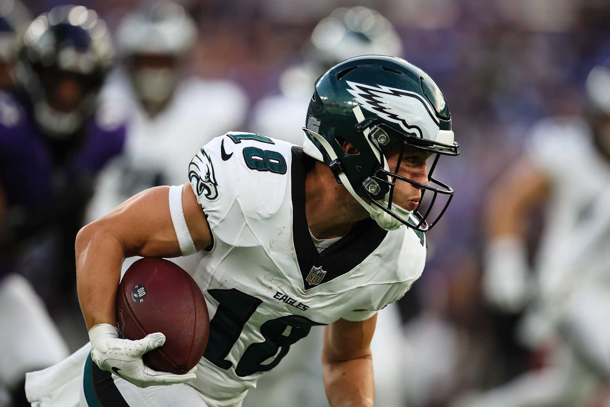 BALTIMORE, MD - AUGUST 09: Britain Covey #18 of the Philadelphia Eagles runs after a catch during the first quarter of a preseason game against the Baltimore Ravens at M&T Bank Stadium on August 9, 2024 in Baltimore, Maryland. (Photo by Scott Taetsch/Getty Images)