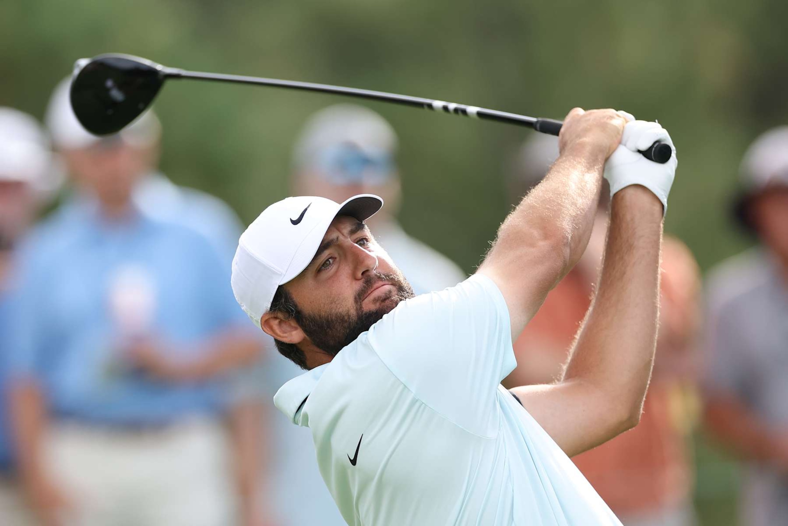 CASTLE ROCK, COLORADO - AUGUST 24: Scottie Scheffler of the United States plays his shot from the third tee during the third round of the BMW Championship at Castle Pines Golf Club on August 24, 2024 in Castle Rock, Colorado. (Photo by Christian Petersen/Getty Images)