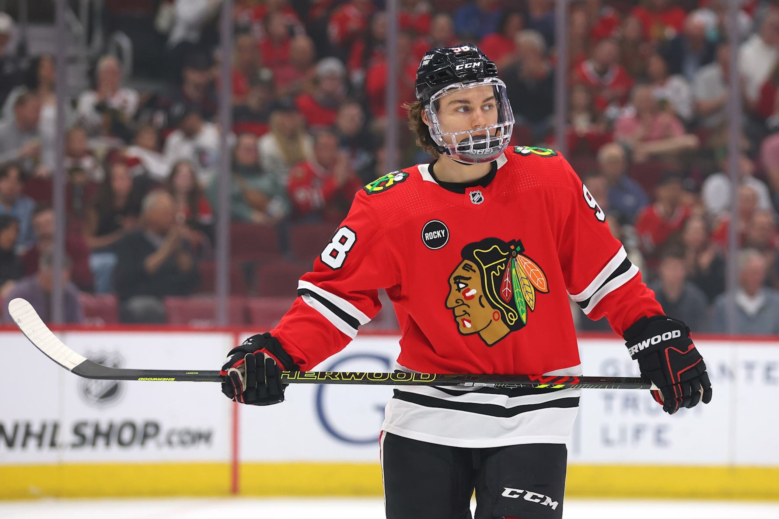 CHICAGO, ILLINOIS - APRIL 14: Connor Bedard #98 of the Chicago Blackhawks looks on against the Carolina Hurricanes during the first period at the United Center on April 14, 2024 in Chicago, Illinois. (Photo by Michael Reaves/Getty Images) CHICAGO, ILLINOIS - APRIL 14: Connor Bedard #98 of the Chicago Blackhawks looks on against the Carolina Hurricanes during the first period at the United Center on April 14, 2024 in Chicago, Illinois. (Photo by Michael Reaves/Getty Images)