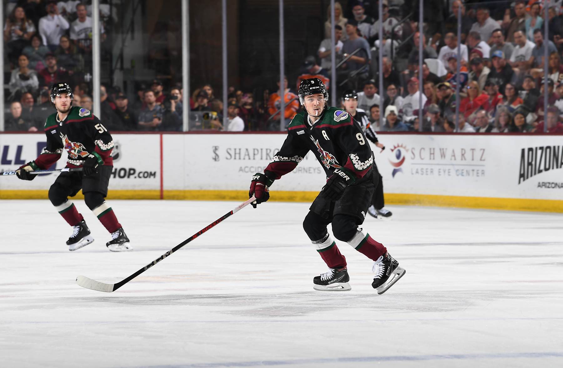 TEMPE, ARIZONA - APRIL 17: Clayton Keller #9 of the Arizona Coyotes skates up ice against the Edmonton Oilers at Mullett Arena on April 17, 2024 in Tempe, Arizona. (Photo by Norm Hall/NHLI via Getty Images)