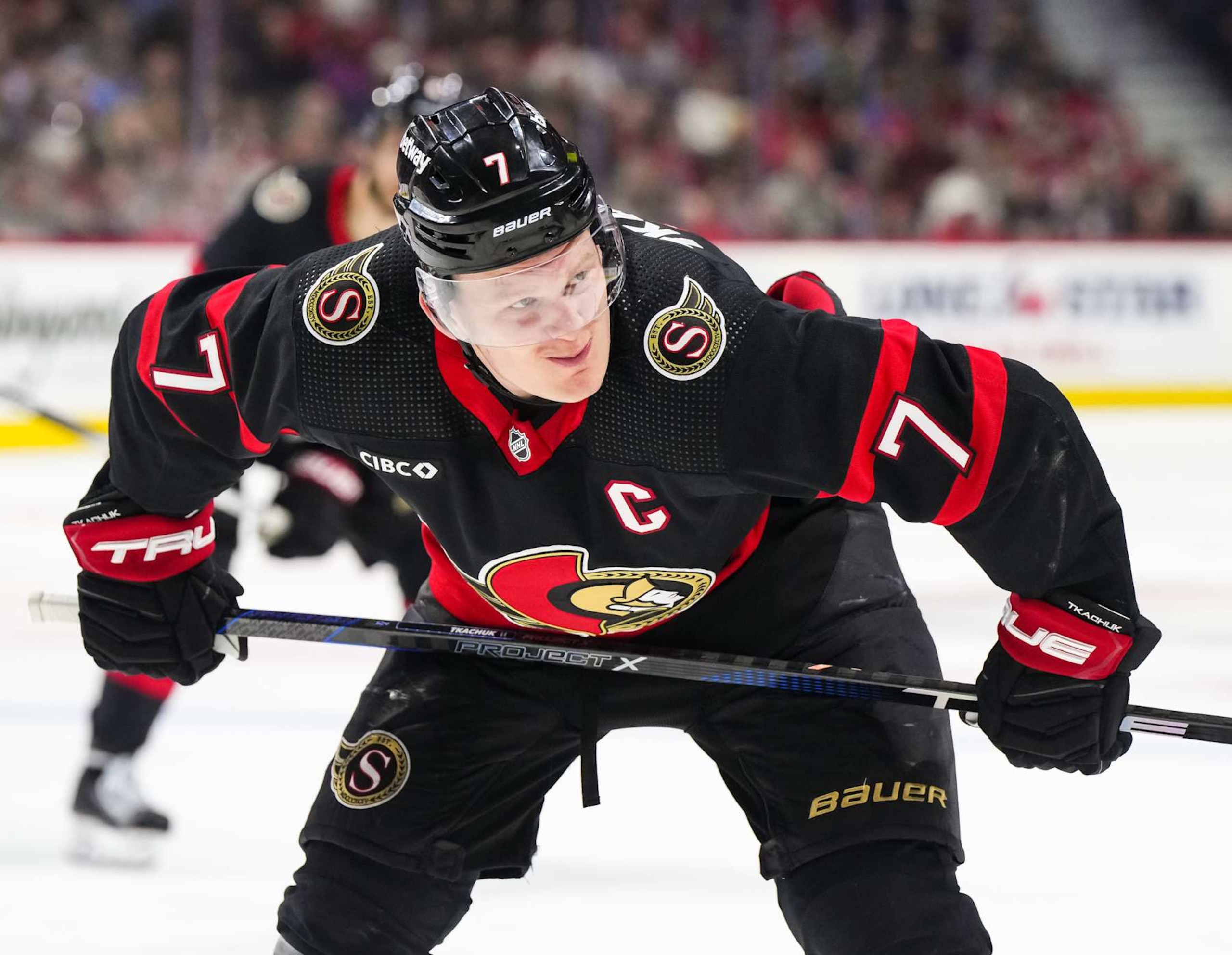 OTTAWA, CANADA - APRIL 13: Brady Tkachuk #7 of the Ottawa Senators prepares for a faceoff against the Montreal Canadiens at Canadian Tire Centre on April 13, 2024 in Ottawa, Ontario, Canada. (Photo by Andrea Cardin/NHLI via Getty Images) OTTAWA, CANADA - APRIL 13: Brady Tkachuk #7 of the Ottawa Senators prepares for a faceoff against the Montreal Canadiens at Canadian Tire Centre on April 13, 2024 in Ottawa, Ontario, Canada. (Photo by Andrea Cardin/NHLI via Getty Images)