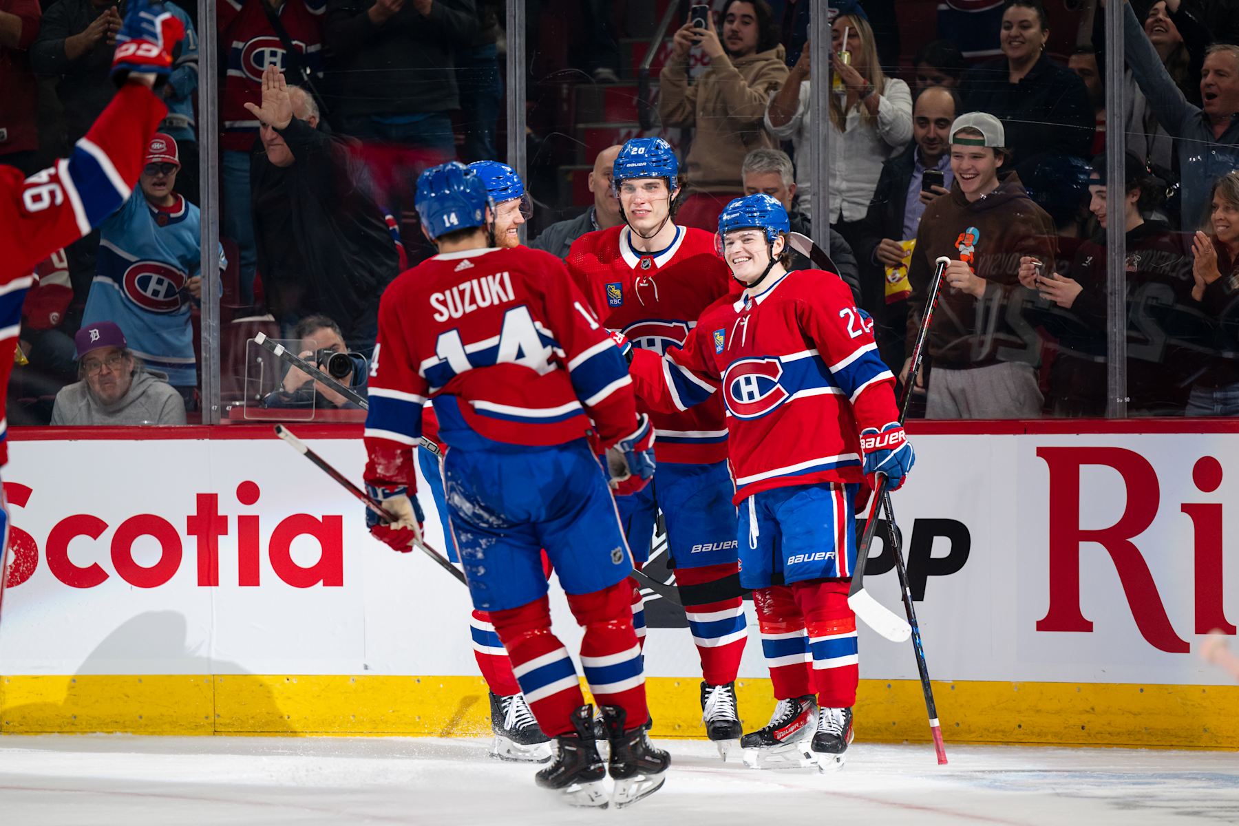 MONTREAL, CANADA - APRIL 16: Cole Caufield #22 of the Montreal Canadiens celebrates after scoring a goal during the second period the NHL regular season game between the Montreal Canadiens and the Detroit Red Wings at the Bell Centre on April 16, 2024 in Montreal, Quebec, Canada. (Photo by Matt Garies/NHLI via Getty Images)