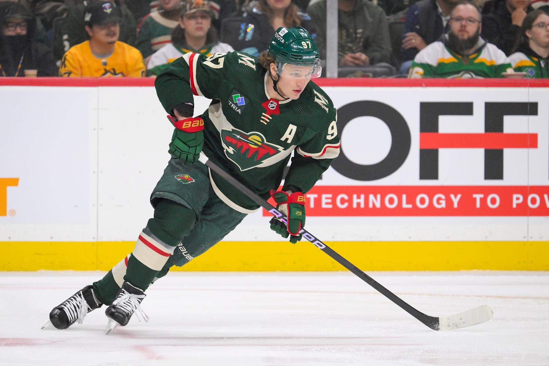 ST. PAUL, MN - APRIL 18: Minnesota Wild forward Kirill Kaprizov (97) turns up ice during the first period of an NHL game between the Minnesota Wild and Seattle Kraken on April 18, 2024, at Xcel Energy Center in St. Paul, MN. (Photo by Nick Wosika/Icon Sportswire via Getty Images)