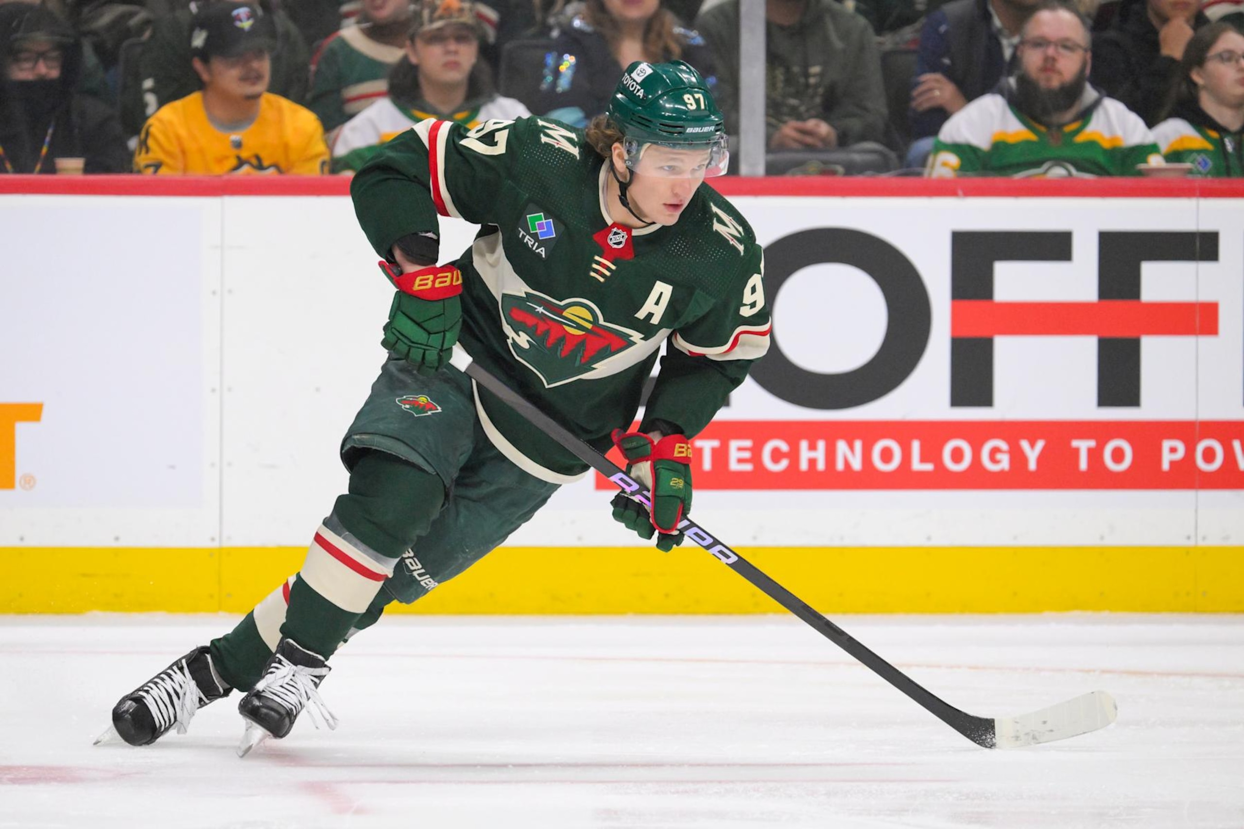 ST. PAUL, MN - APRIL 18: Minnesota Wild forward Kirill Kaprizov (97) turns up ice during the first period of an NHL game between the Minnesota Wild and Seattle Kraken on April 18, 2024, at Xcel Energy Center in St. Paul, MN. (Photo by Nick Wosika/Icon Sportswire via Getty Images) ST. PAUL, MN - APRIL 18: Minnesota Wild forward Kirill Kaprizov (97) turns up ice during the first period of an NHL game between the Minnesota Wild and Seattle Kraken on April 18, 2024, at Xcel Energy Center in St. Paul, MN. (Photo by Nick Wosika/Icon Sportswire via Getty Images)