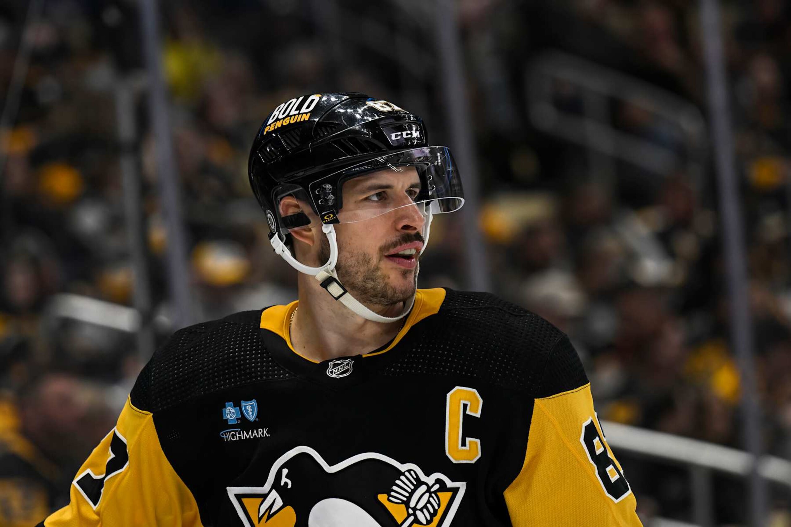 PITTSBURGH, PA - APRIL 13: Pittsburgh Penguins center Sidney Crosby (87) looks on during the third period in the NHL game between the Pittsburgh Penguins and the Boston Bruins on April 13, 2024, at PPG Paints Arena in Pittsburgh, PA. (Photo by Jeanine Leech/Icon Sportswire via Getty Images) PITTSBURGH, PA - APRIL 13: Pittsburgh Penguins center Sidney Crosby (87) looks on during the third period in the NHL game between the Pittsburgh Penguins and the Boston Bruins on April 13, 2024, at PPG Paints Arena in Pittsburgh, PA. (Photo by Jeanine Leech/Icon Sportswire via Getty Images)
