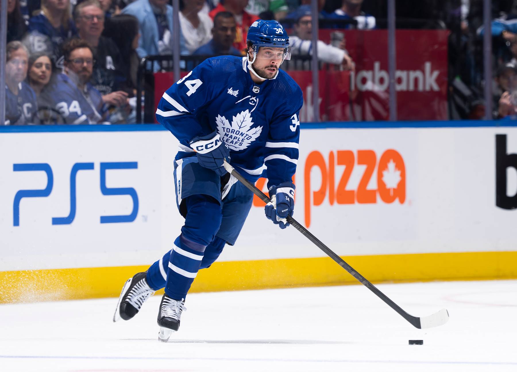 TORONTO, ON - APRIL 27: Auston Matthews #34 of the Toronto Maple Leafs skates against the Boston Bruins during the first period in Game Four of the First Round of the 2024 Stanley Cup Playoffs at Scotiabank Arena on April 27, 2024 in Toronto, Ontario, Canada. (Photo by Mark Blinch/NHLI via Getty Images)