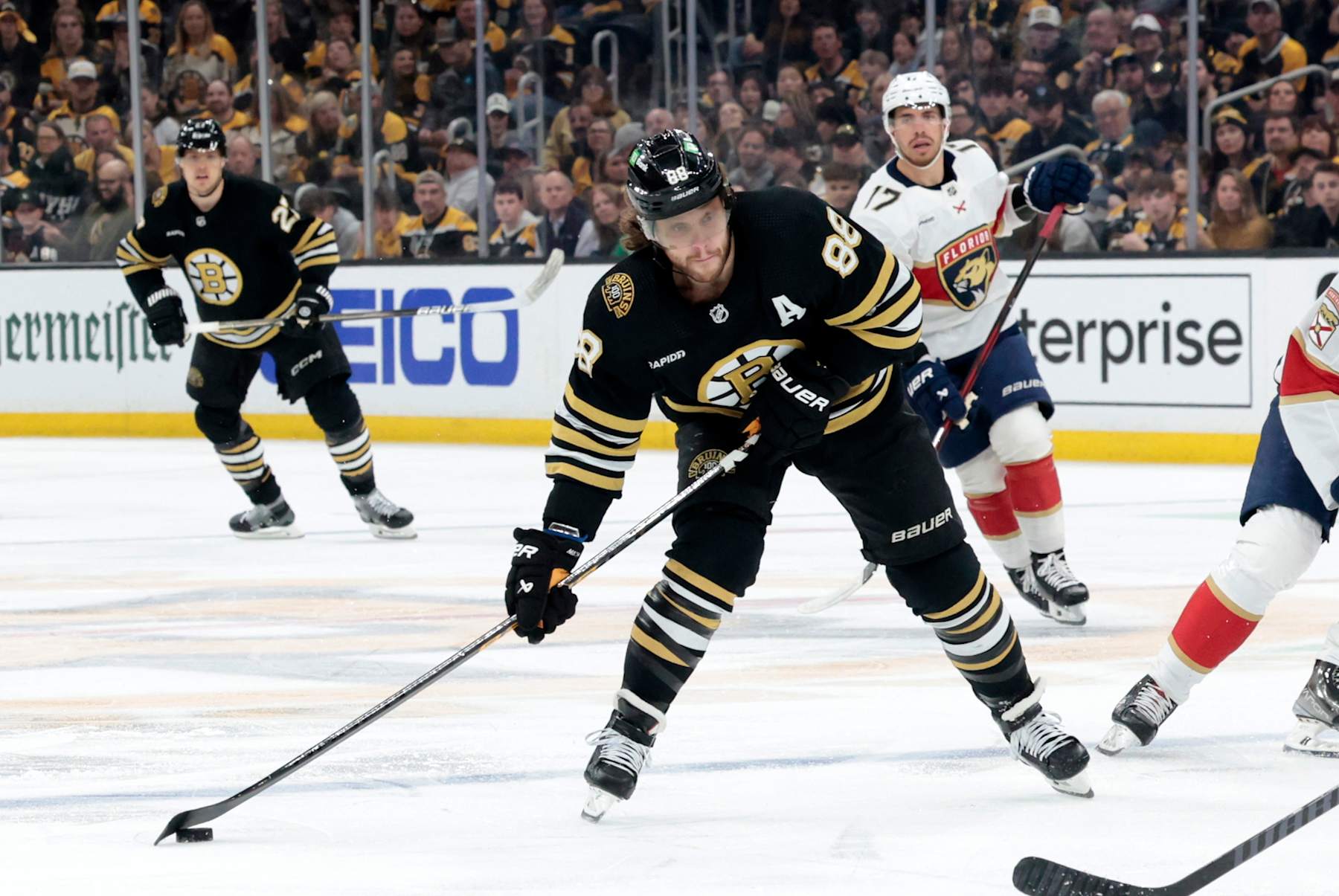 BOSTON, MA - MAY 12: Boston Bruins right wing David Pastrnak (88) loads up a shot during Game 4 of the Eastern Conference Second Round playoffs between the Boston Bruins and the Florida Panthers  on May 12 2024, at TD Garden in Boston, Massachusetts.(Photo by Fred Kfoury III/Icon Sportswire via Getty Images)