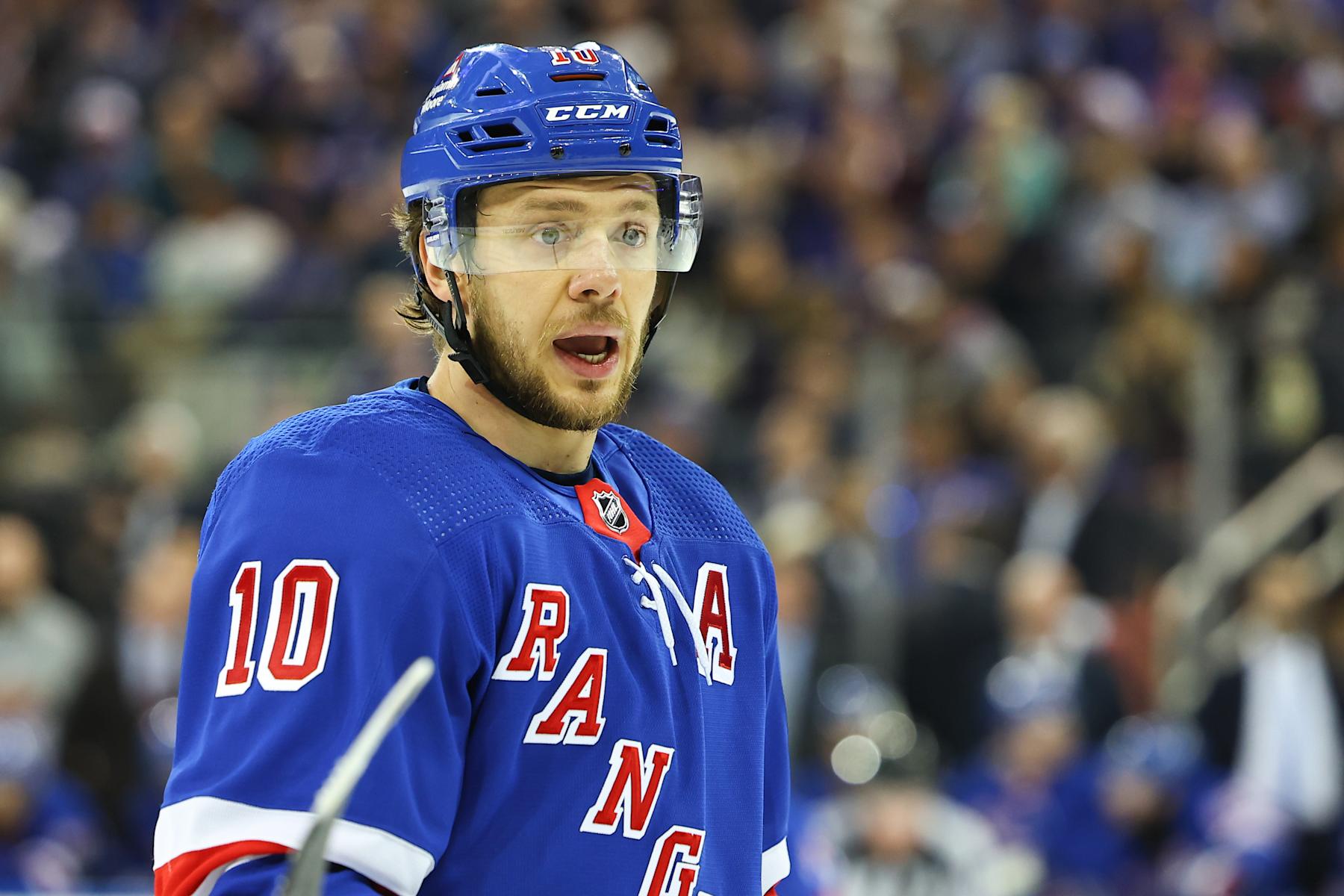 NEW YORK, NY - MAY 30: Artemi Panarin #10 of the New York Rangers during the Eastern Conference Final game 5 against the Florida Panthers on May 30, 2024 at Madison Square Garden in New York.  (Photo by Rich Graessle/Icon Sportswire via Getty Images)