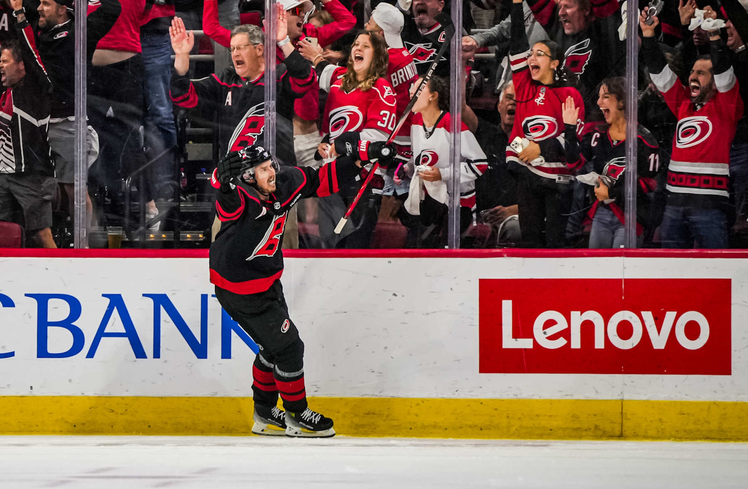 RALEIGH, NORTH CAROLINA - MAY 16: Sebastian Aho #20 of the Carolina Hurricanes celebrates after a goal during the second period against the New York Rangers in Game Six of the Second Round of the 2024 Stanley Cup Playoffs at PNC Arena on May 16, 2024 in Raleigh, North Carolina. (Photo by Josh Lavallee/NHLI via Getty Images) RALEIGH, NORTH CAROLINA - MAY 16: Sebastian Aho #20 of the Carolina Hurricanes celebrates after a goal during the second period against the New York Rangers in Game Six of the Second Round of the 2024 Stanley Cup Playoffs at PNC Arena on May 16, 2024 in Raleigh, North Carolina. (Photo by Josh Lavallee/NHLI via Getty Images)