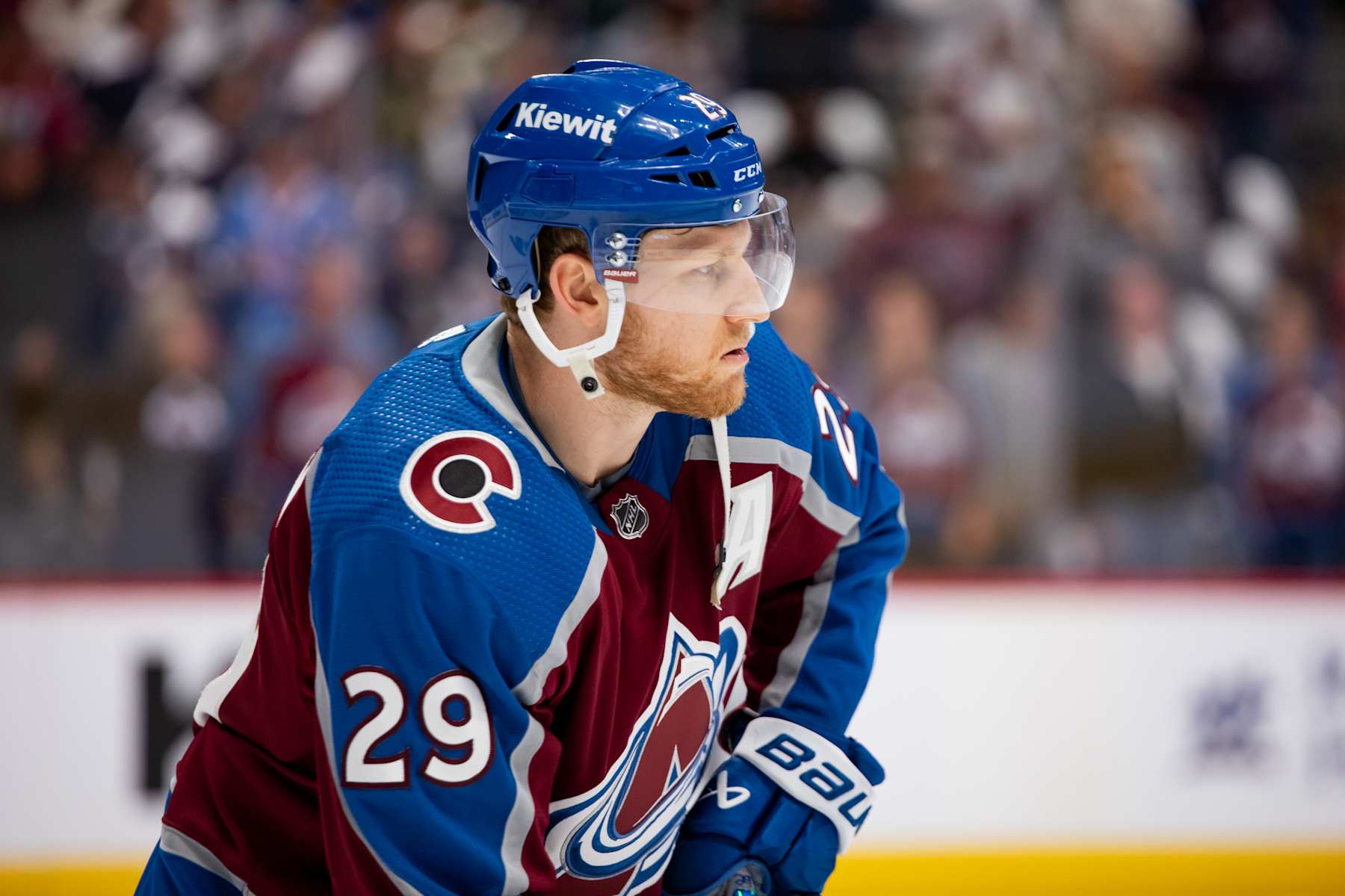 DENVER, COLORADO - MAY 13: Nathan MacKinnon #29 of the Colorado Avalanche skates in warmups ahead of Game Four of the Second Round of the Stanley Cup Playoffs against the Dallas Stars at Ball Arena on May 13, 2024 in Denver, Colorado. (Photo by Ashley Potts/NHLI via Getty Images)