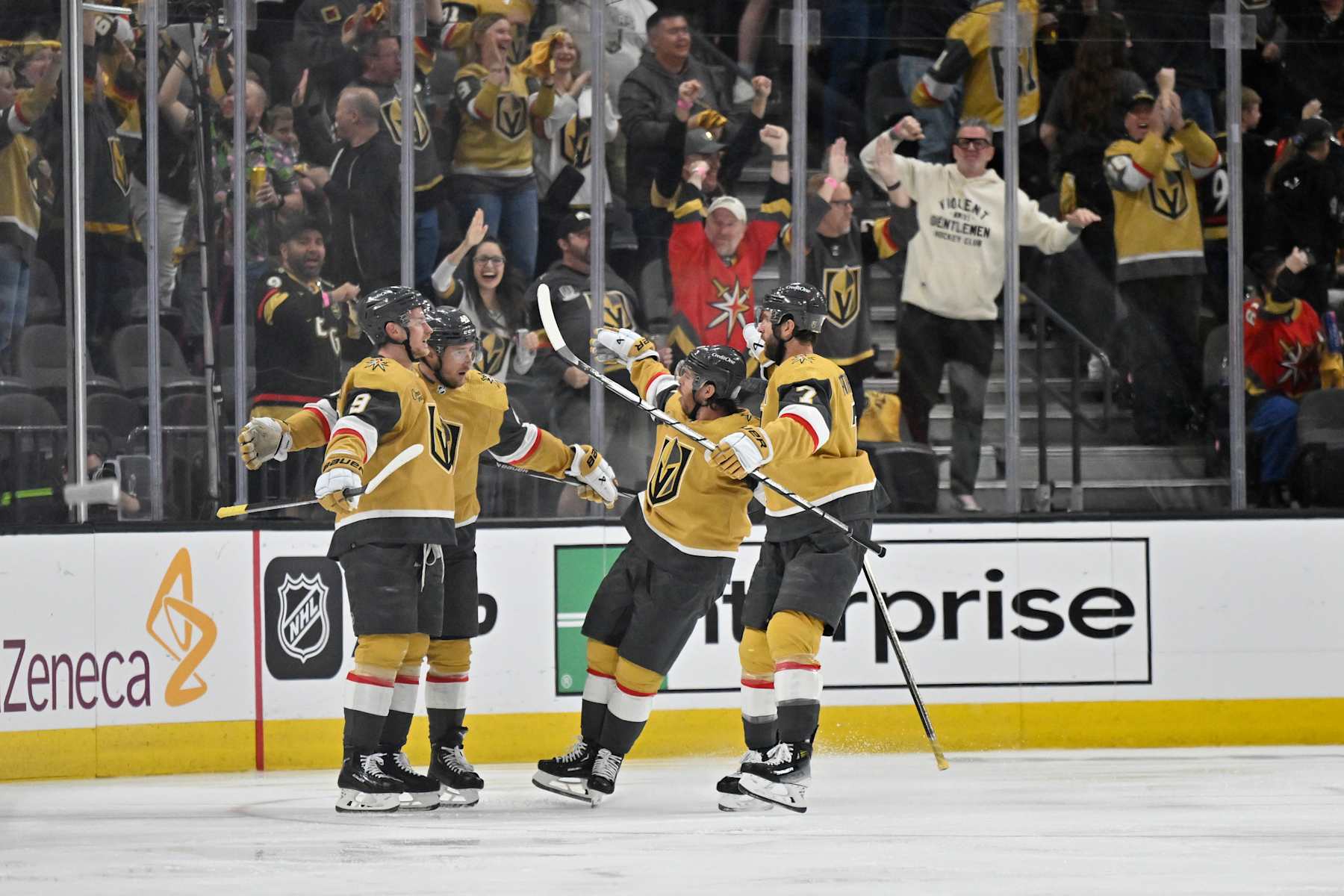 LAS VEGAS, NEVADA - APRIL 29: Jack Eichel #9 of the Vegas Golden Knights celebrates with teammates after a goal during the second period against the Dallas Stars in Game Four of the First Round of the 2024 Stanley Cup Playoffs at T-Mobile Arena on April 29, 2024 in Las Vegas, Nevada. (Photo by David Becker/NHLI via Getty Images)