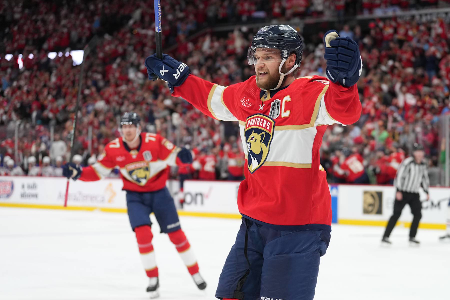 SUNRISE, FL - JUNE 24: Florida Panthers center Aleksander Barkov (16) celebrates his goal in the second period during game seven of the Stanley Cup Finals between the Edmonton Oilers and the Florida Panthers on Monday, June 24, 2024  at Amerant Bank Arena in Sunrise, Fla. (Photo by Peter Joneleit/Icon Sportswire via Getty Images)