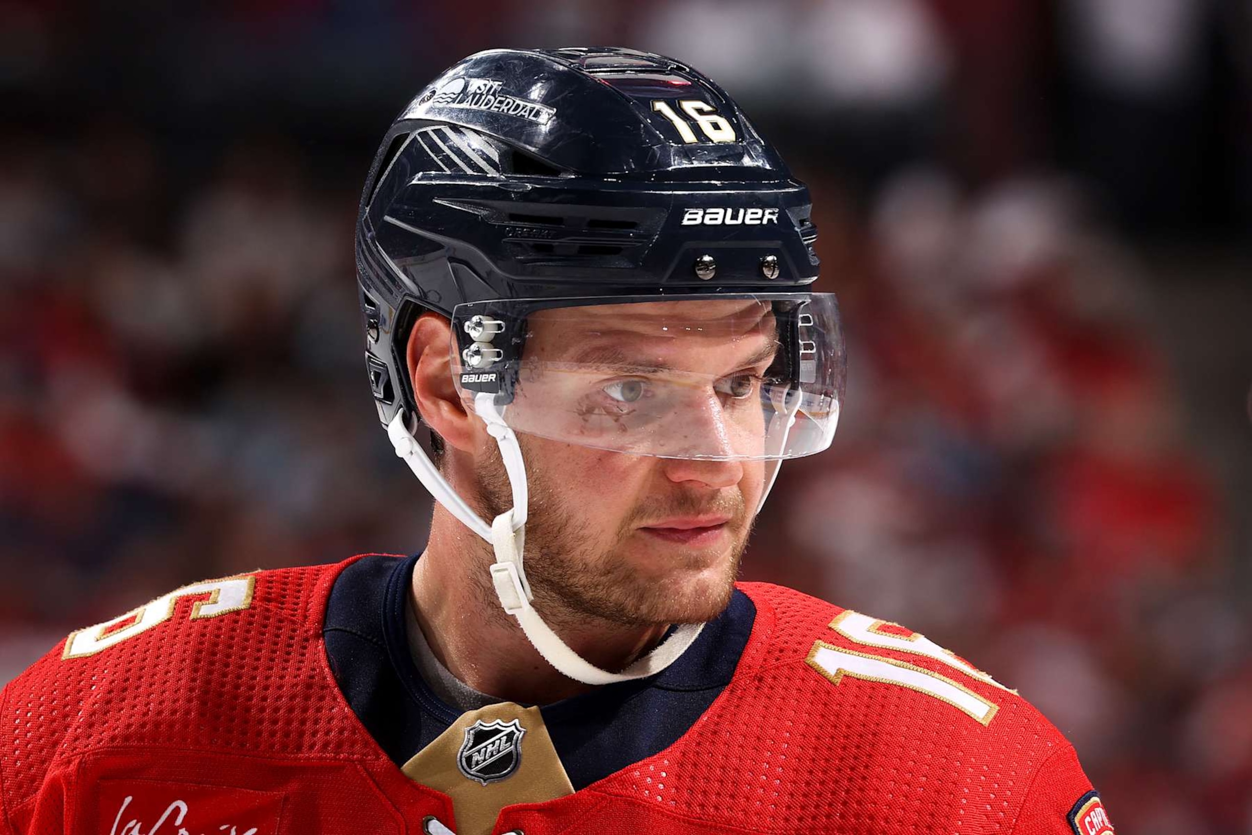 SUNRISE, FL - APRIL 29: Aleksander Barkov #16 of the Florida Panthers prepares for a face-off against the Tampa Bay Lightning in Game Five of the First Round of the 2024 Stanley Cup Playoffs at the Amerant Bank Arena on April 29, 2024 in Sunrise, Florida. (Photo by Joel Auerbach/Getty Images) SUNRISE, FL - APRIL 29: Aleksander Barkov #16 of the Florida Panthers prepares for a face-off against the Tampa Bay Lightning in Game Five of the First Round of the 2024 Stanley Cup Playoffs at the Amerant Bank Arena on April 29, 2024 in Sunrise, Florida. (Photo by Joel Auerbach/Getty Images)