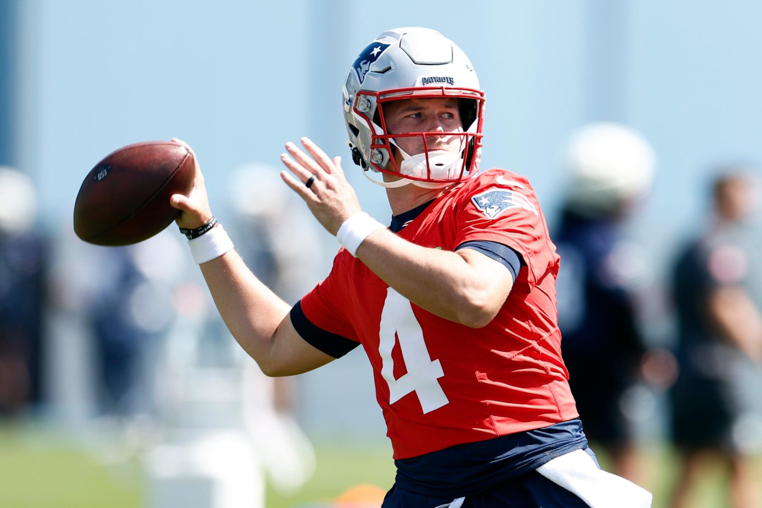 Foxborough, MA - August 12: New England Patriots QB Bailey Zappe throws a pass. (Photo by Danielle Parhizkaran/The Boston Globe via Getty Images)