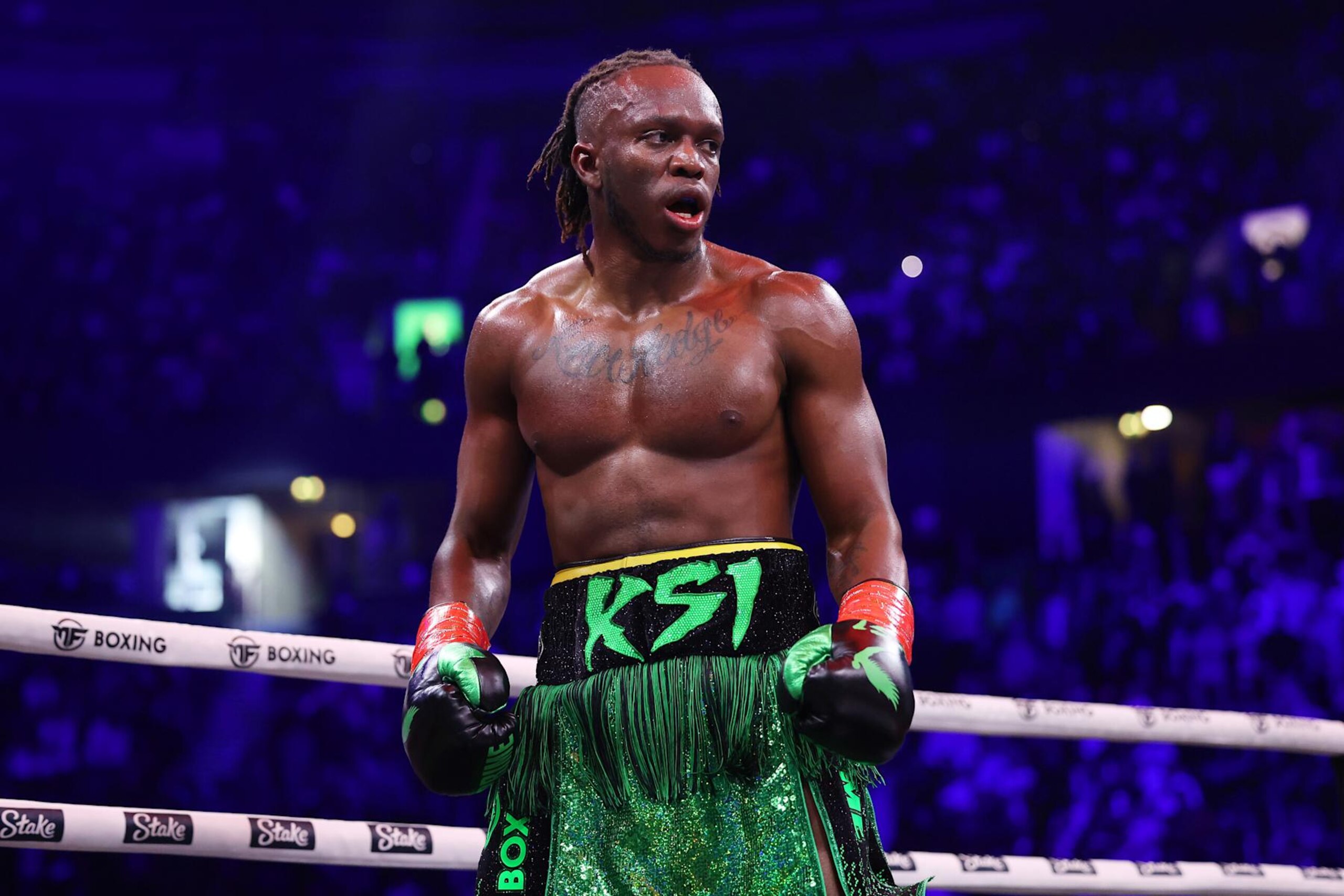 MANCHESTER, ENGLAND - OCTOBER 14: KSI (Olajide Olayinka Williams) looks on during the Misfits Cruiserweight fight between KSI (Olajide Olayinka Williams) and Tommy Fury at AO Arena on October 14, 2023 in Manchester, England. (Photo by Matt McNulty/Getty Images)