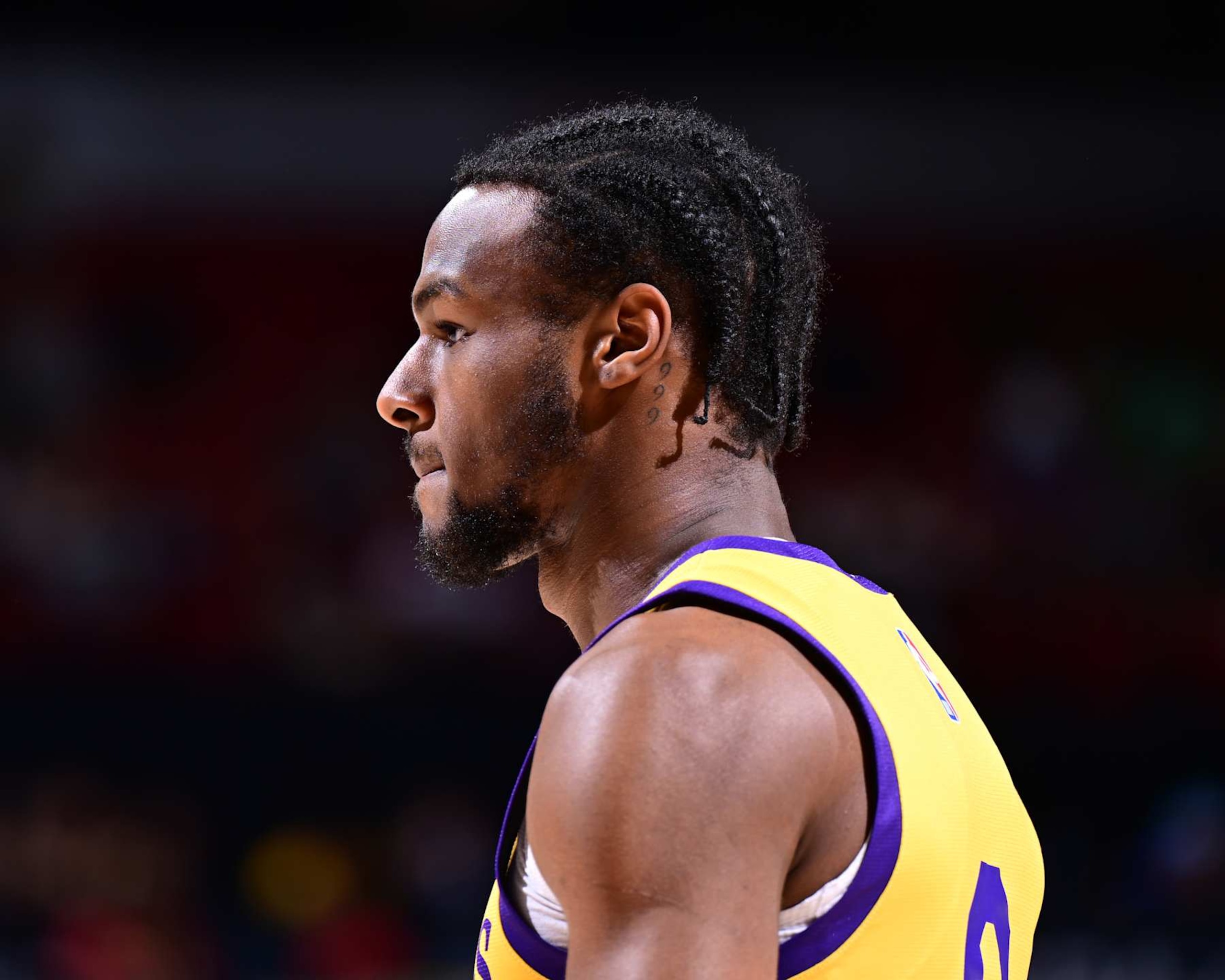 LAS VEGAS, NV - JULY 18:  Bronny James Jr. #9 of the Los Angeles Lakers looks on during the game on July 18, 2024 at the Thomas & Mack Center in Las Vegas, Nevada. NOTE TO USER: User expressly acknowledges and agrees that, by downloading and or using this photograph, User is consenting to the terms and conditions of the Getty Images License Agreement. Mandatory Copyright Notice: Copyright 2024 NBAE (Photo by Adam Hagy/NBAE via Getty Images)