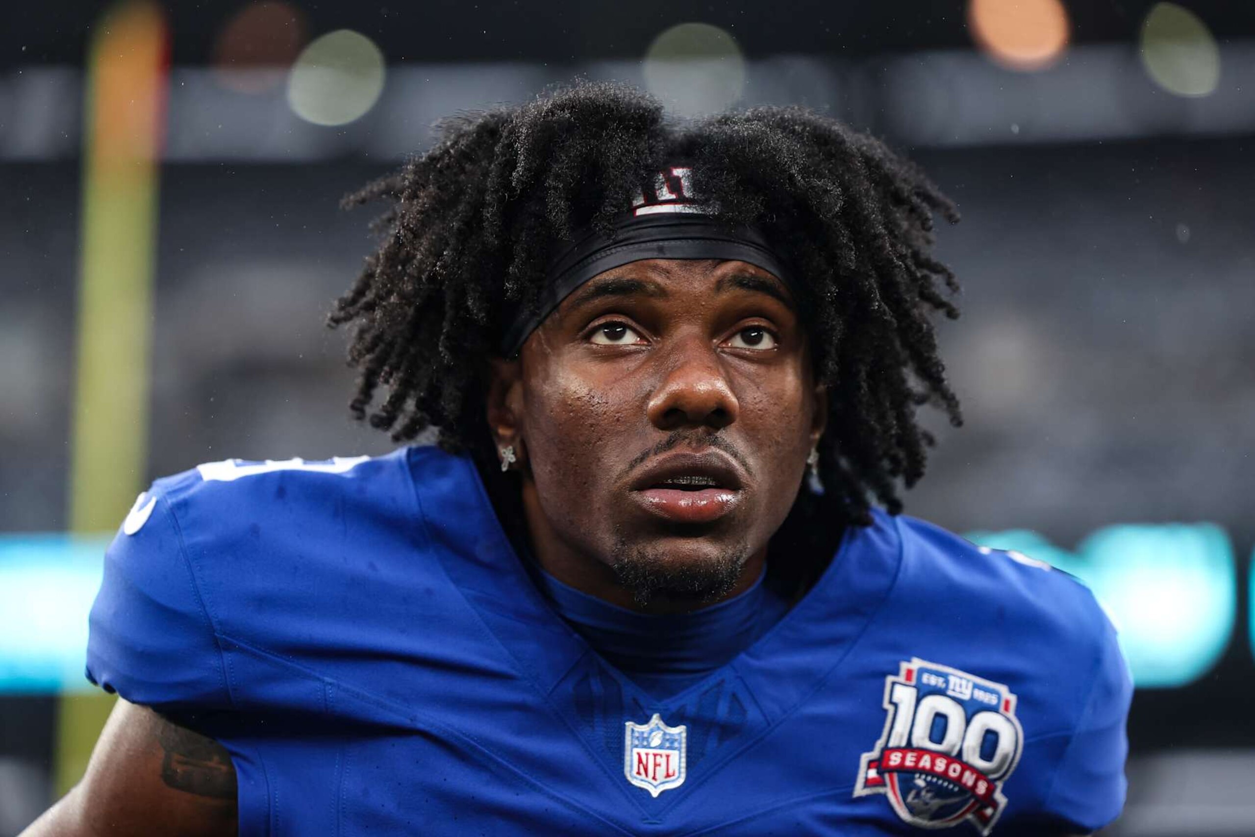 EAST RUTHERFORD, NJ - AUGUST 08: Malik Nabers #9 of the New York Giants warms up prior to an NFL football game against the Detroit Lions at MetLife Stadium on August 8, 2024 in East Rutherford, NJ. (Photo by Perry Knotts/Getty Images)