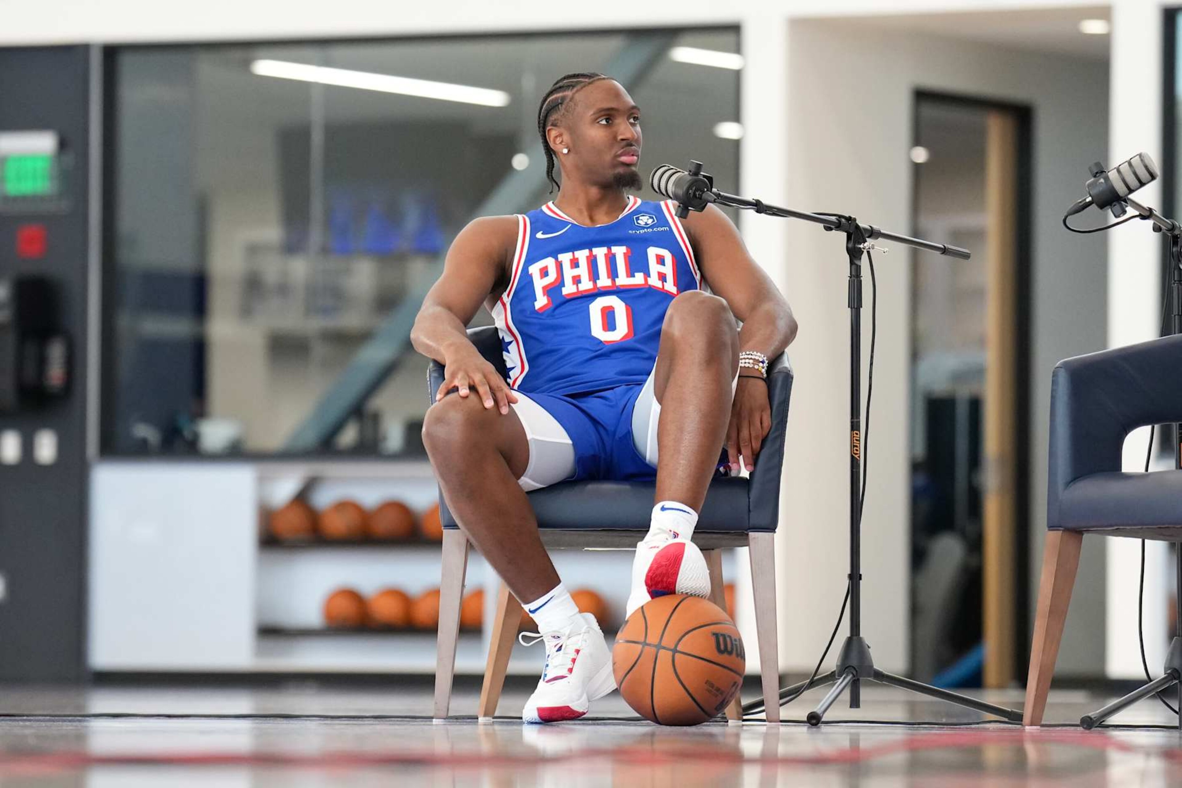 PHILADELPHIA, PA - JULY 23: Tyrese Maxey #0 of the Philadelphia 76ers talks to the media during his Philadelphia 76ers press conference on July 23, 2024 at the Wells Fargo Center in Philadelphia, Pennsylvania NOTE TO USER: User expressly acknowledges and agrees that, by downloading and/or using this Photograph, user is consenting to the terms and conditions of the Getty Images License Agreement. Mandatory Copyright Notice: Copyright 2024 NBAE (Photo by Jesse D. Garrabrant/NBAE via Getty Images)