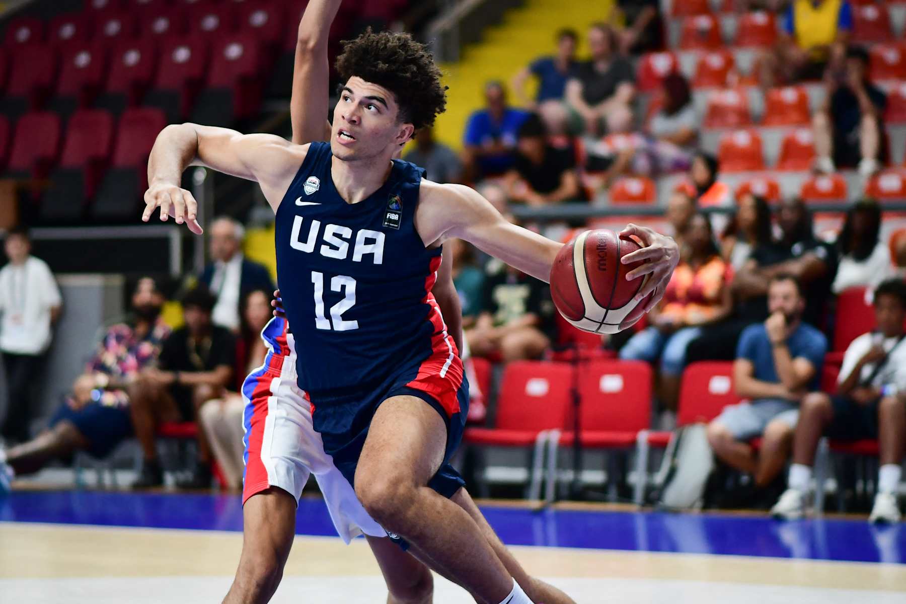 Cameron Boozer, #12 of the United States of America (USA) in action during the FIBA U17 Basketball World Cup - Turkiye 2024 Round of 16 match between the Philippines and the United States of America (USA) at Ahmet Comert Sports Hall in Istanbul, Turkey on July 3, 2024. (Photo by Altan Gocher / Hans Lucas / Hans Lucas via AFP) (Photo by ALTAN GOCHER/Hans Lucas/AFP via Getty Images)
