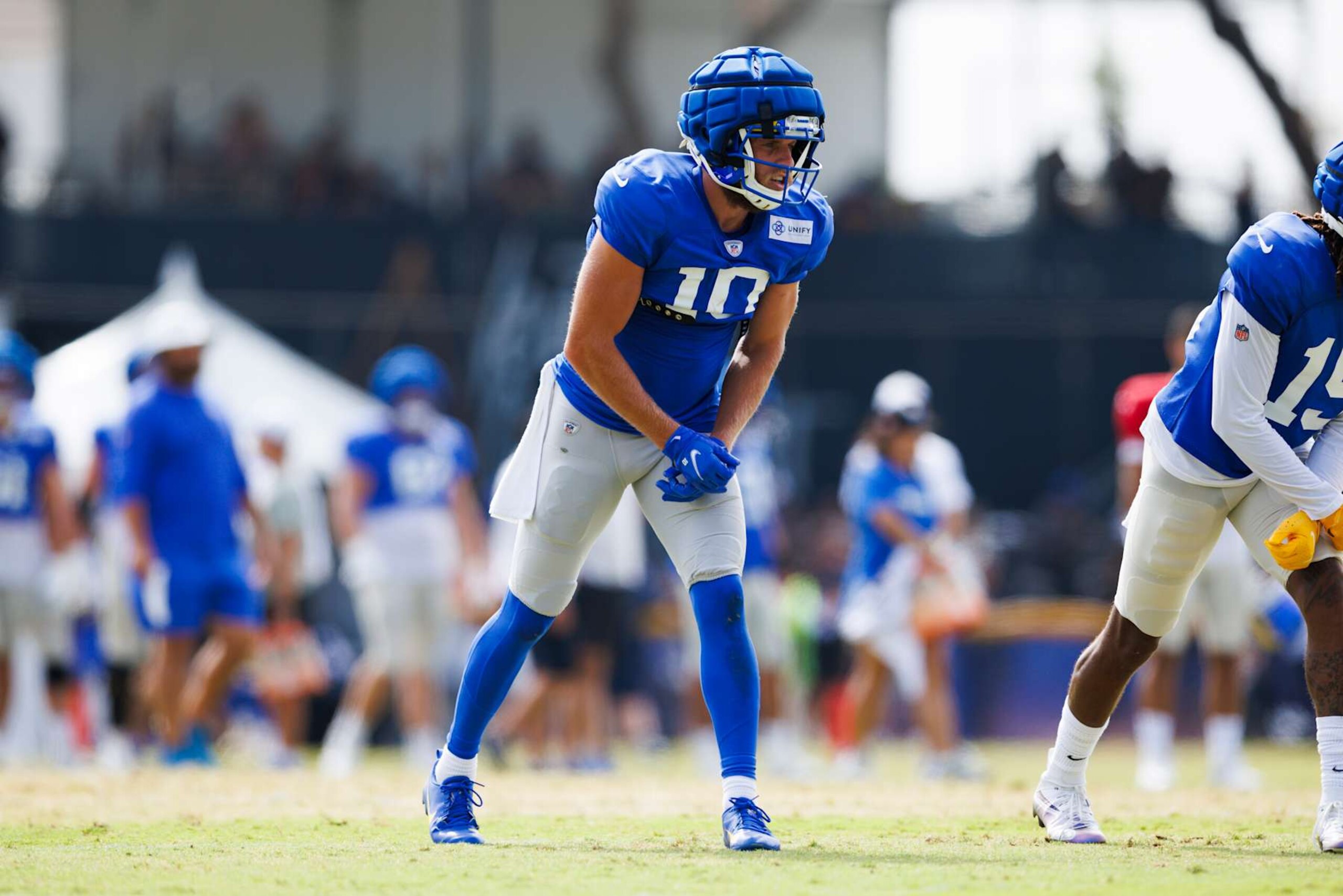OXNARD, CALIFORNIA - AUGUST 8: Cooper Kupp #10 of the Los Angeles Rams in an offensive stance during a joint practice against the Dallas Cowboys at River Ridge Playing Fields on August 8, 2024 in Oxnard, California.  (Photo by Ric Tapia/Getty Images)