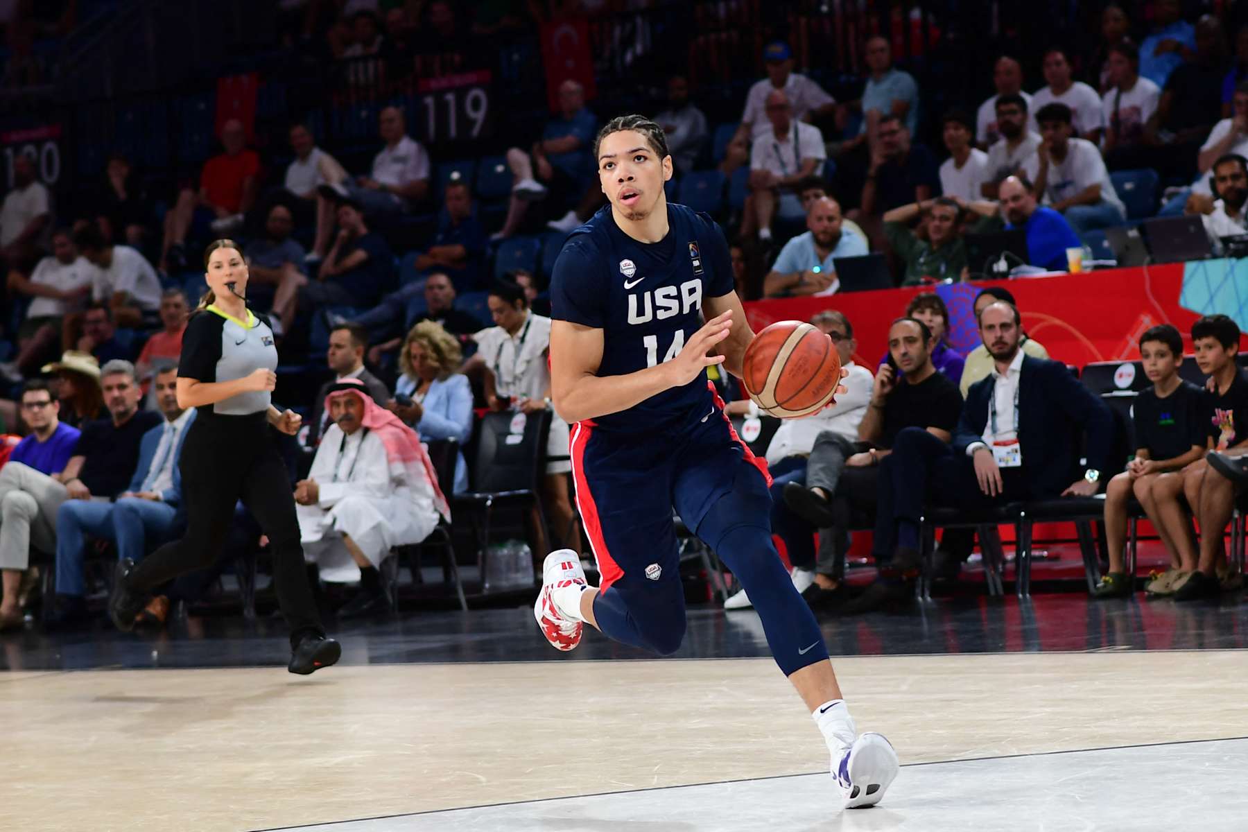 Tyran Stokes, #14 of the United States of America (USA) in action during the FIBA U17 Basketball World Cup - Turkiye 2024 Final match between Italy and the United States of America (USA) at Sinan Erdem Dome in Istanbul, Turkey on July 7, 2024. (Photo by Altan Gocher / Hans Lucas / Hans Lucas via AFP) (Photo by ALTAN GOCHER/Hans Lucas/AFP via Getty Images)