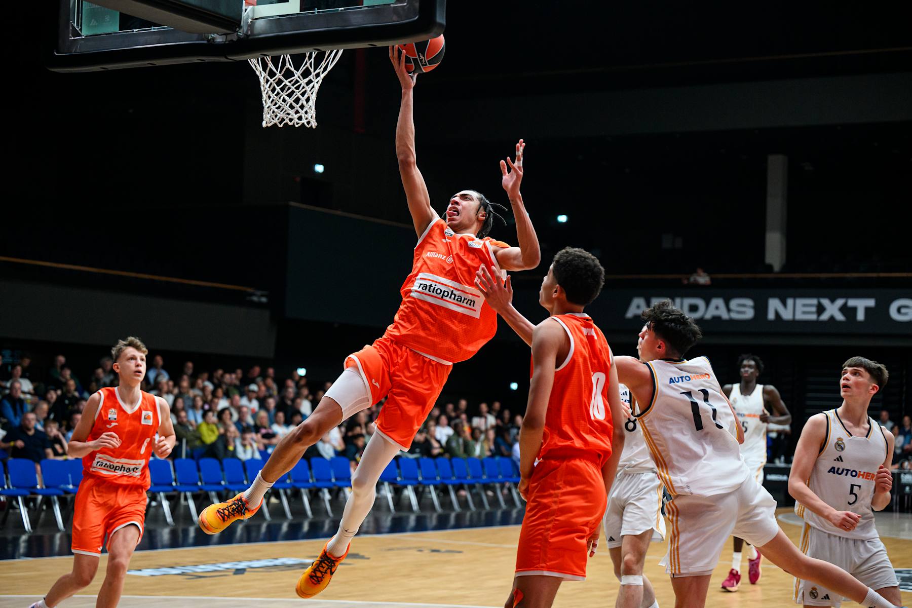 BERLIN, GERMANY - MAY 25: Noa Essengue, #8 of U18 Ratiopharm Ulm in action during U18 Ratiopharm Ulm v U18 Real Madrid during the EB Adidas Next Generation Tournament at Uber Eats Music Hall on May 25, 2024 in Berlin, Germany. (Photo by David Grau/Euroleague Basketball via Getty Images)