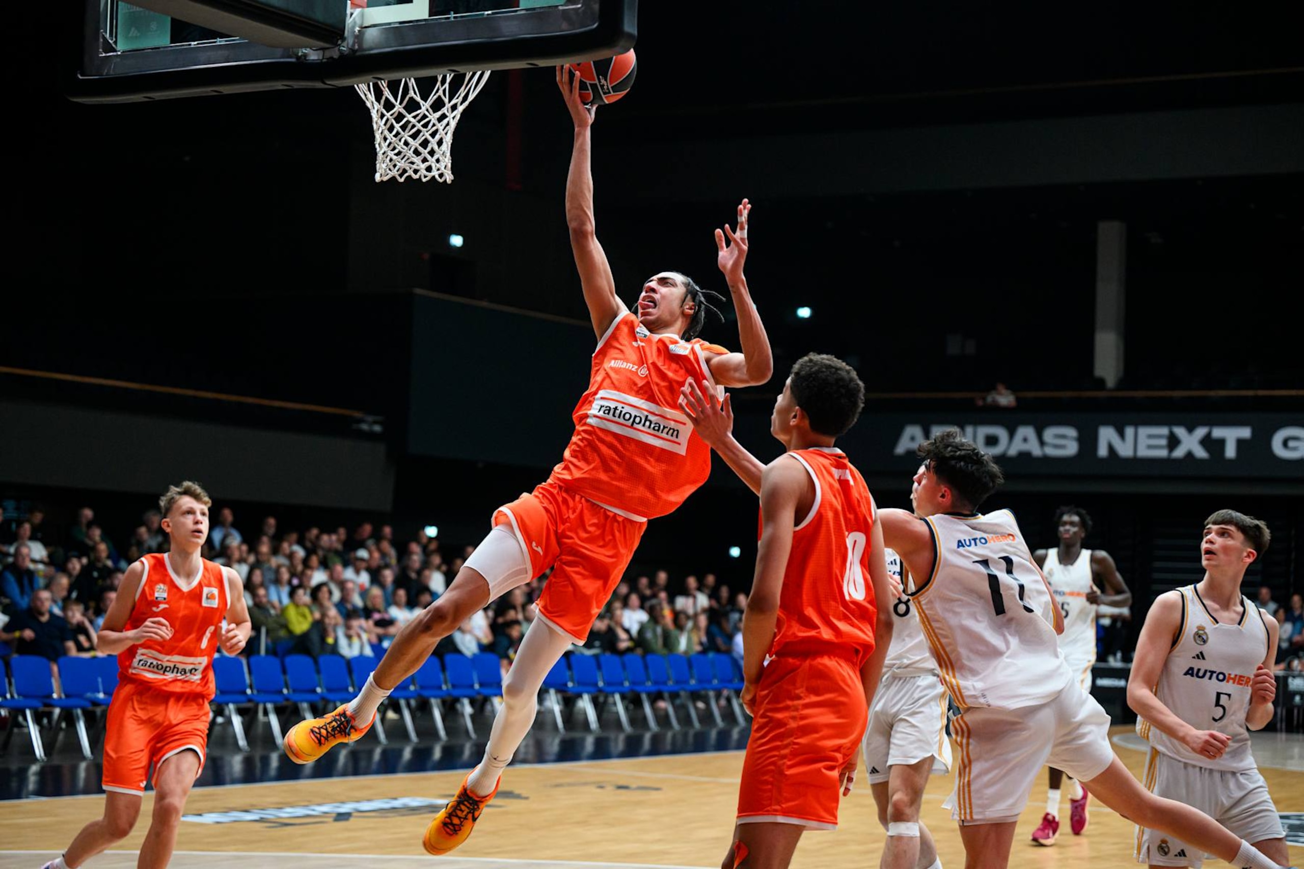 BERLIN, GERMANY - MAY 25: Noa Essengue, #8 of U18 Ratiopharm Ulm in action during U18 Ratiopharm Ulm v U18 Real Madrid during the EB Adidas Next Generation Tournament at Uber Eats Music Hall on May 25, 2024 in Berlin, Germany. (Photo by David Grau/Euroleague Basketball via Getty Images)