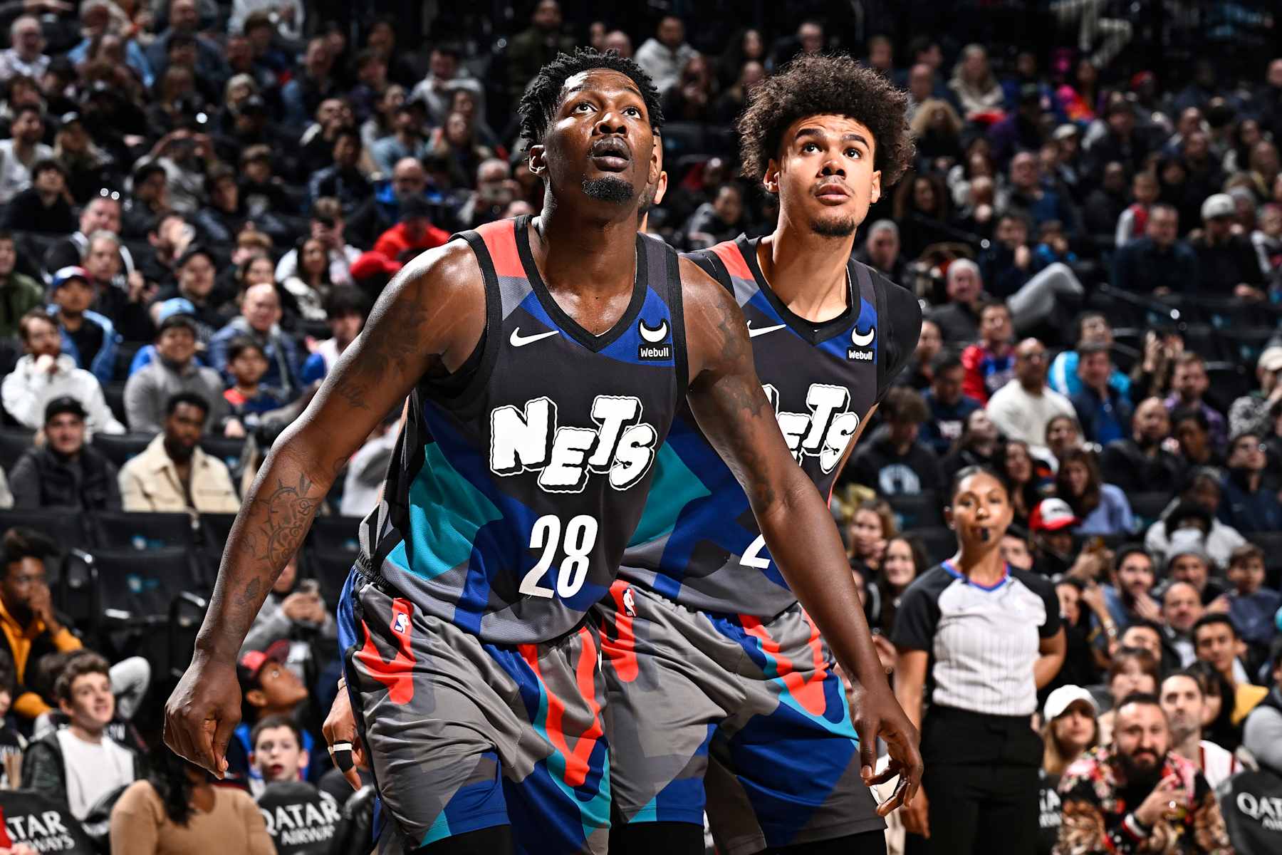 BROOKLYN, NY - NOVEMBER 19:  Dorian Finney-Smith #28 of the Brooklyn Nets boxes out during the game on November 19, 2023 at Barclays Center in Brooklyn, New York. NOTE TO USER: User expressly acknowledges and agrees that, by downloading and or using this Photograph, user is consenting to the terms and conditions of the Getty Images License Agreement. Mandatory Copyright Notice: Copyright 2023 NBAE (Photo by David Dow/NBAE via Getty Images)