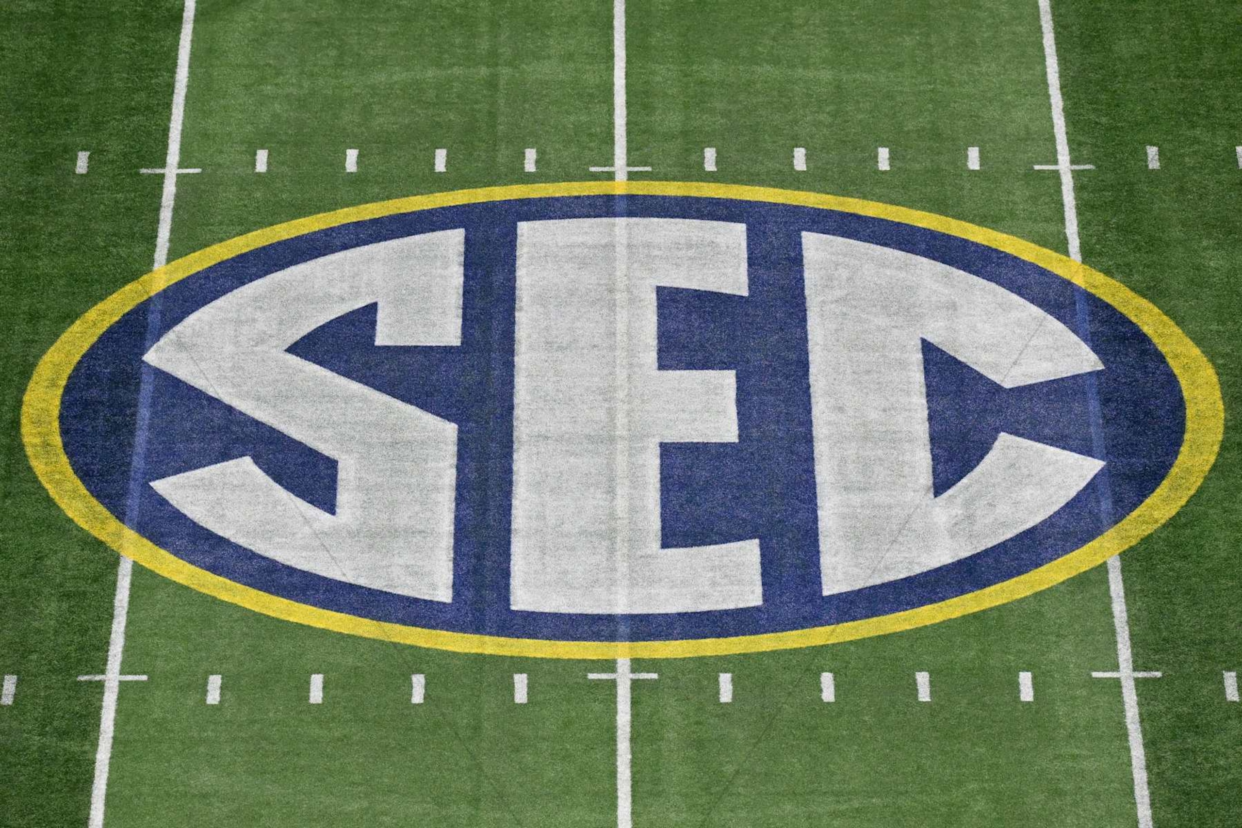 ATLANTA, GEORGIA - DECEMBER 02: A view of the SEC logo at midfield before the SEC Championship football game between the Georgia Bulldogs and the Alabama Crimson Tide at Mercedes-Benz Stadium on December 02, 2023 in Atlanta, Georgia. (Photo by Alika Jenner/Getty Images)
