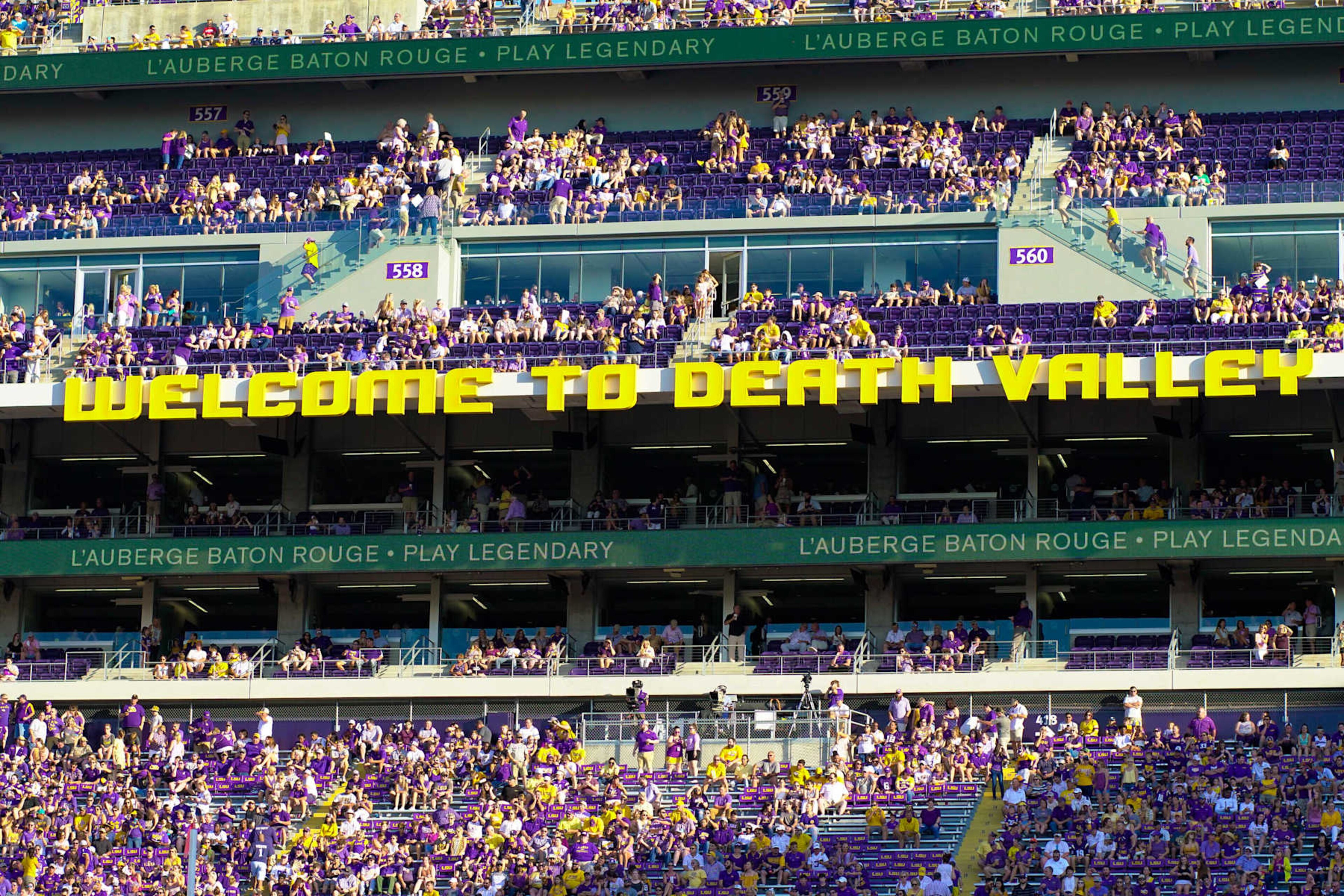 BATON ROUGE, LA - AUGUST 31: Welcome to Death Valley sign during the game between the LSU Tigers and Georgia Southern Eagles at LSU Tiger Stadium on August 31, 2019 in Baton Rouge, LA.  (Photo by Andy Altenburger/Icon Sportswire via Getty Images)