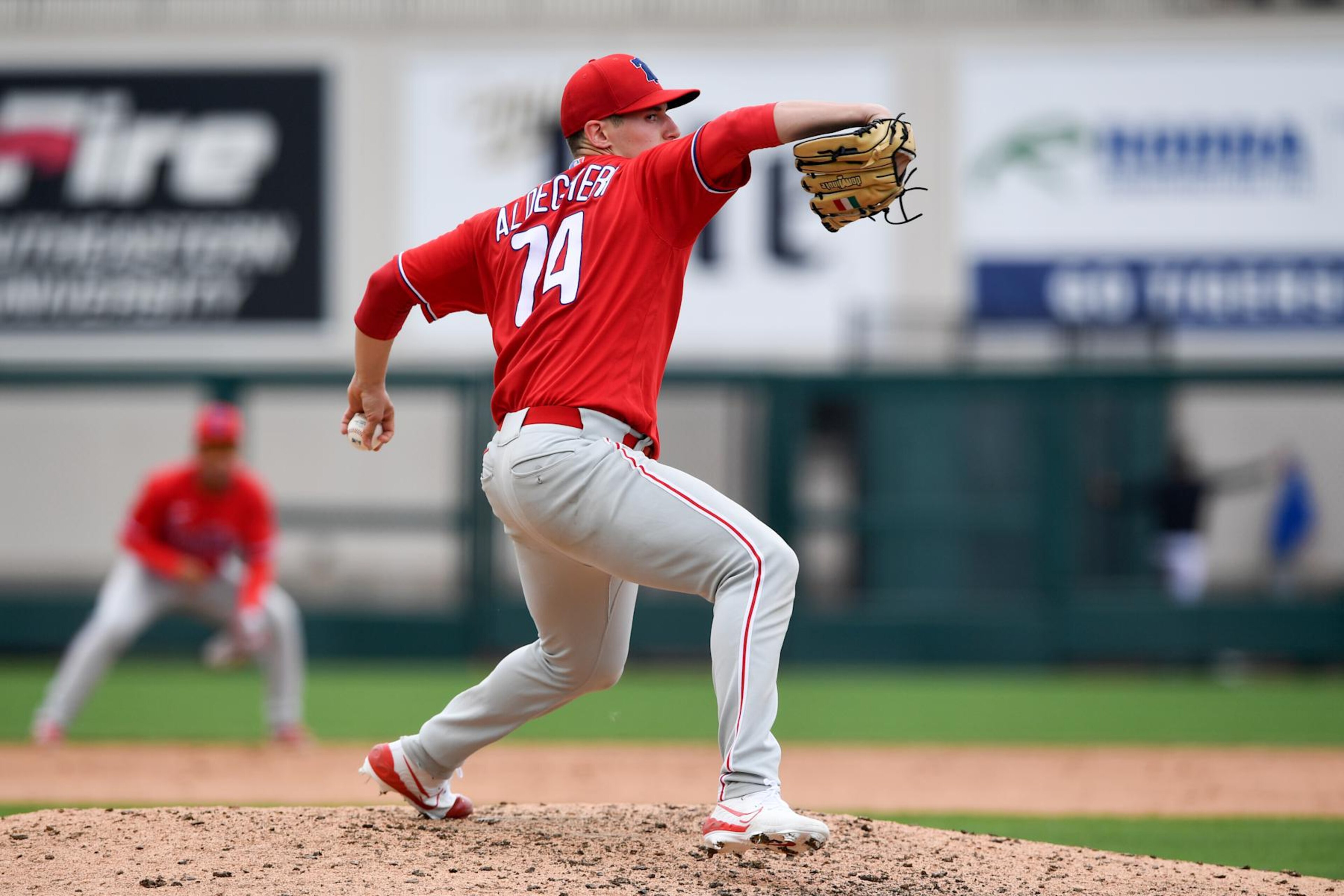 LAKELAND, FLORIDA - MARCH 16, 2024: Sam Aldegheri #74 of the Philadelphia Phillies throws a pitch during the sixth inning of a spring training Spring Breakout game against the Detroit Tigers at Publix Field at Joker Marchant Stadium on March 16, 2024 in Lakeland, Florida. (Photo by George Kubas/Diamond Images via Getty Images) LAKELAND, FLORIDA - MARCH 16, 2024: Sam Aldegheri #74 of the Philadelphia Phillies throws a pitch during the sixth inning of a spring training Spring Breakout game against the Detroit Tigers at Publix Field at Joker Marchant Stadium on March 16, 2024 in Lakeland, Florida. (Photo by George Kubas/Diamond Images via Getty Images)