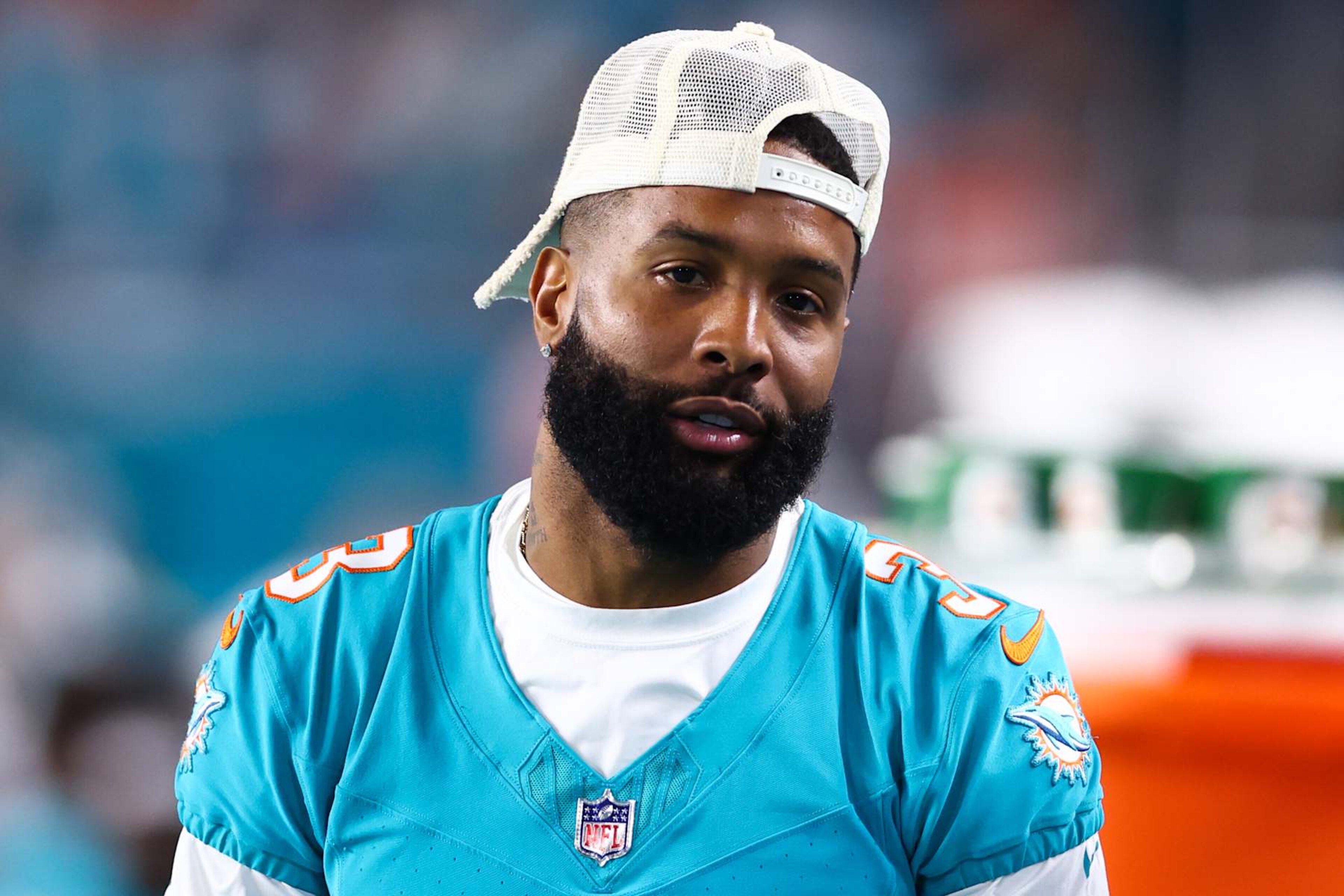 MIAMI GARDENS, FLORIDA - AUGUST 17: Odell Beckham Jr. #3 of the Miami Dolphins looks on against the Washington Commanders during the second half of a preseason game at Hard Rock Stadium on August 17, 2024 in Miami Gardens, Florida. (Photo by Megan Briggs/Getty Images)